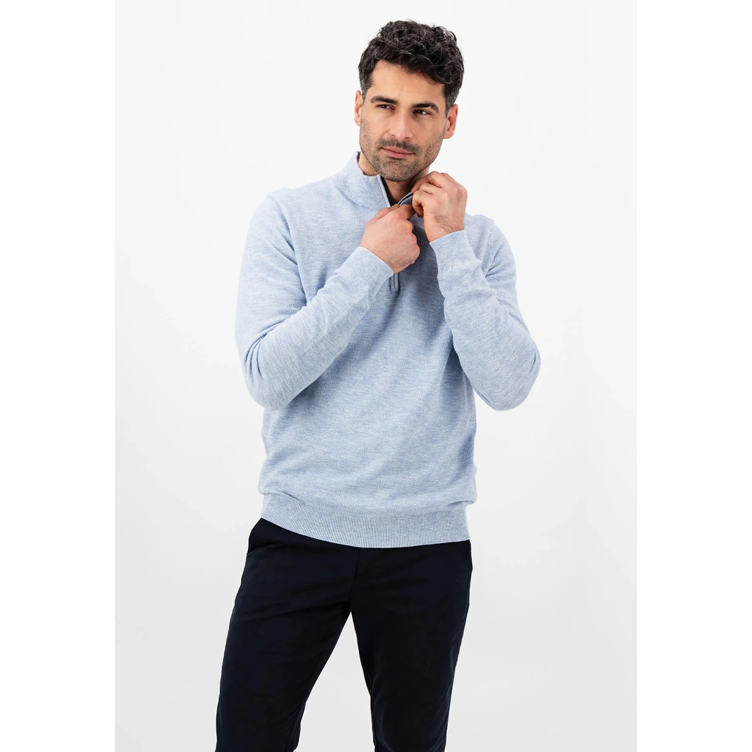 Fynch-Hatton Half Zip Sweater Pure Cotton Crew Neck 1402230 Crystal Blue