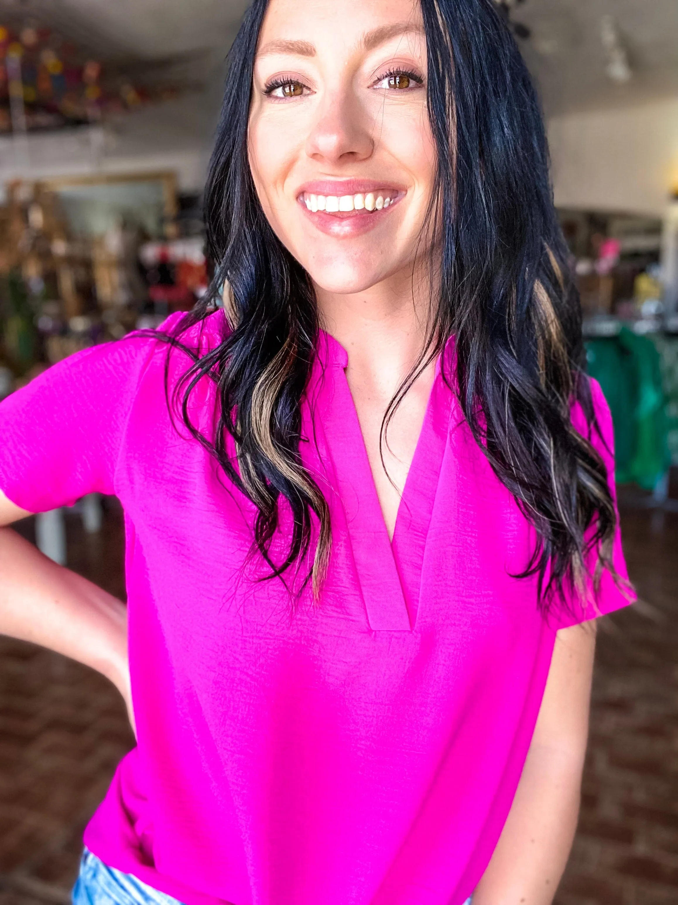 Gabby V-neck Top-Hot Pink