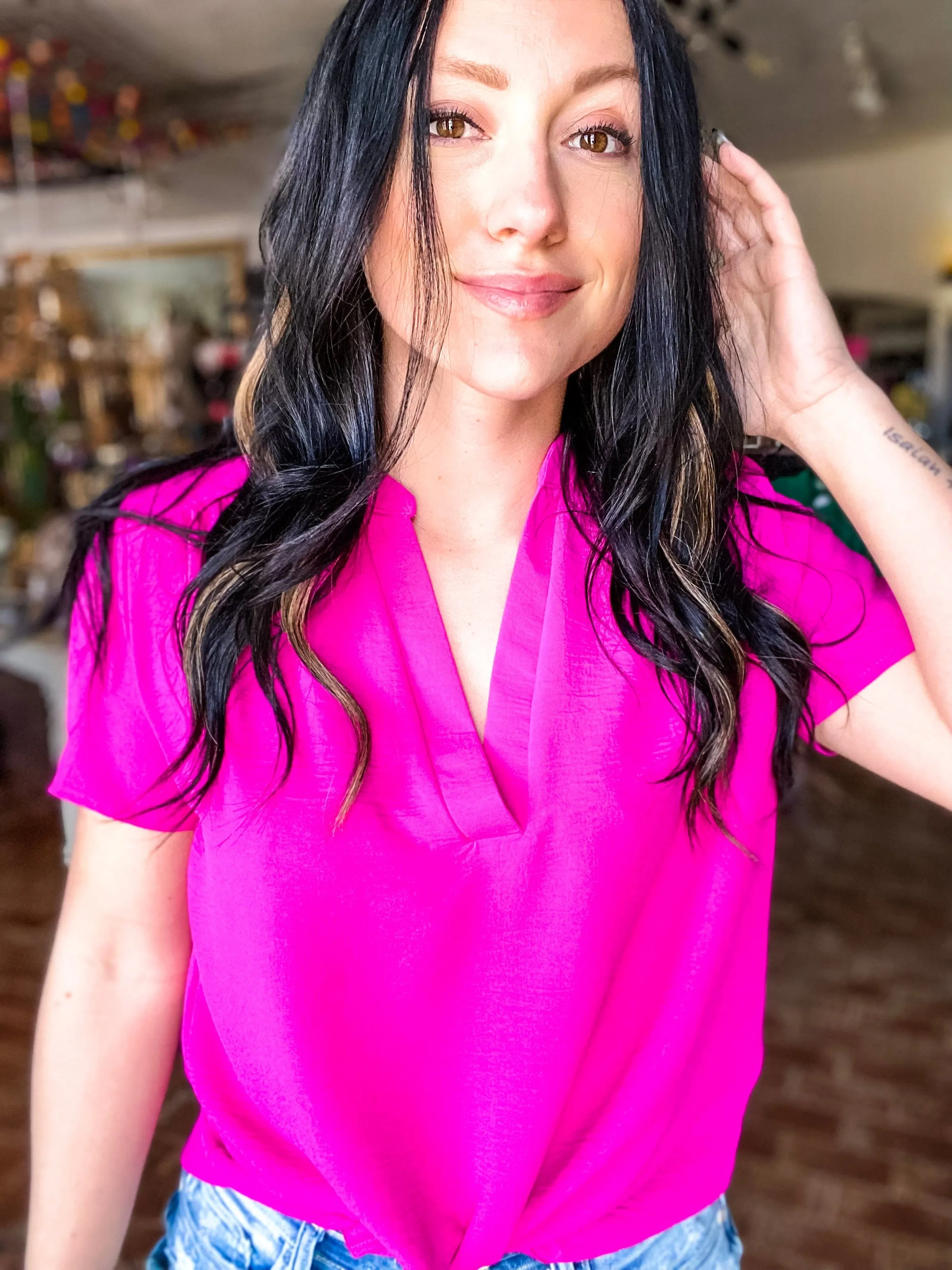 Gabby V-neck Top-Hot Pink