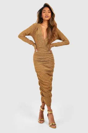 Glitter Ruched Wrap Midi Dress