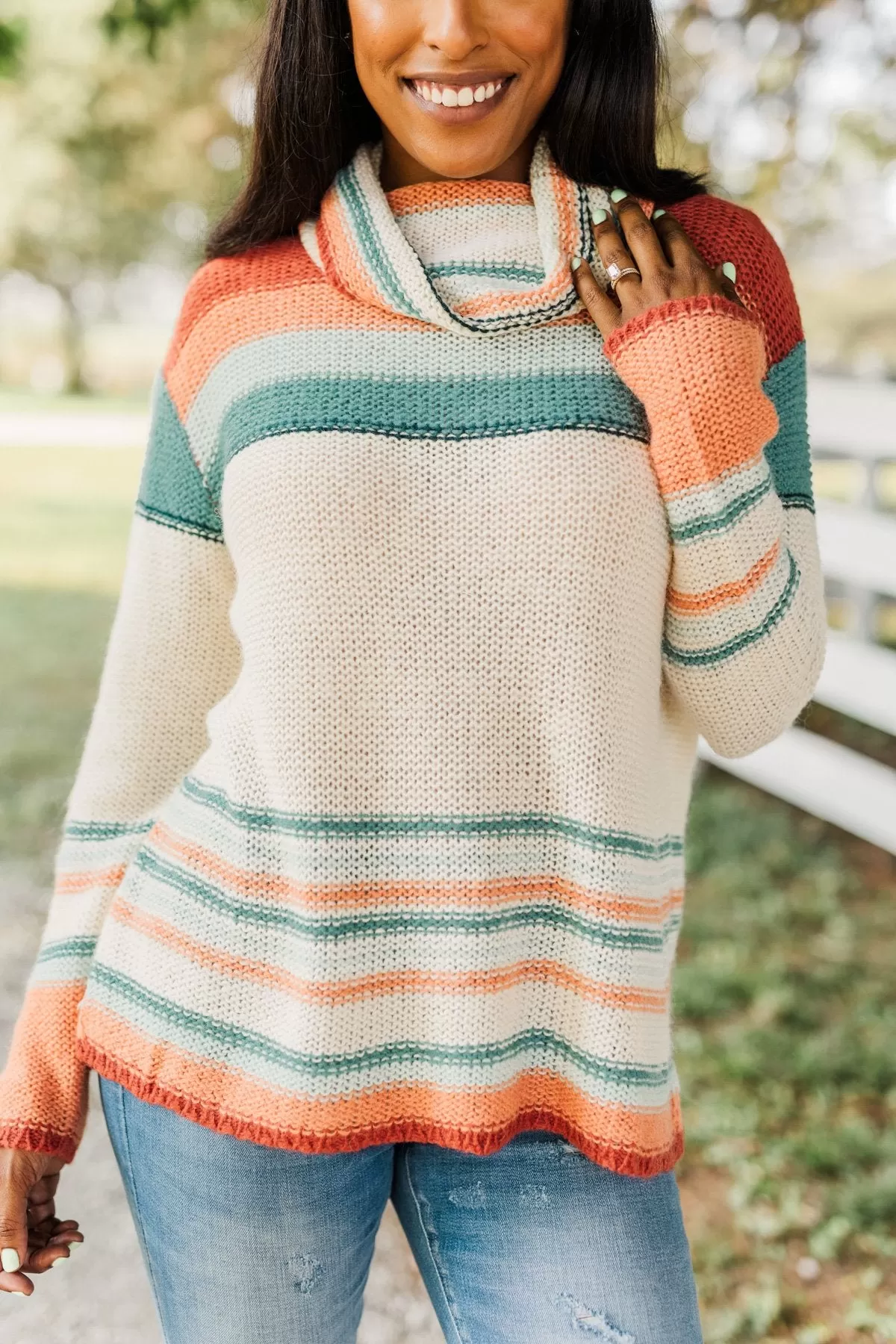 Harvest Happiness Cowl Neck Sweater- Cream, Rust & Dusty Teal