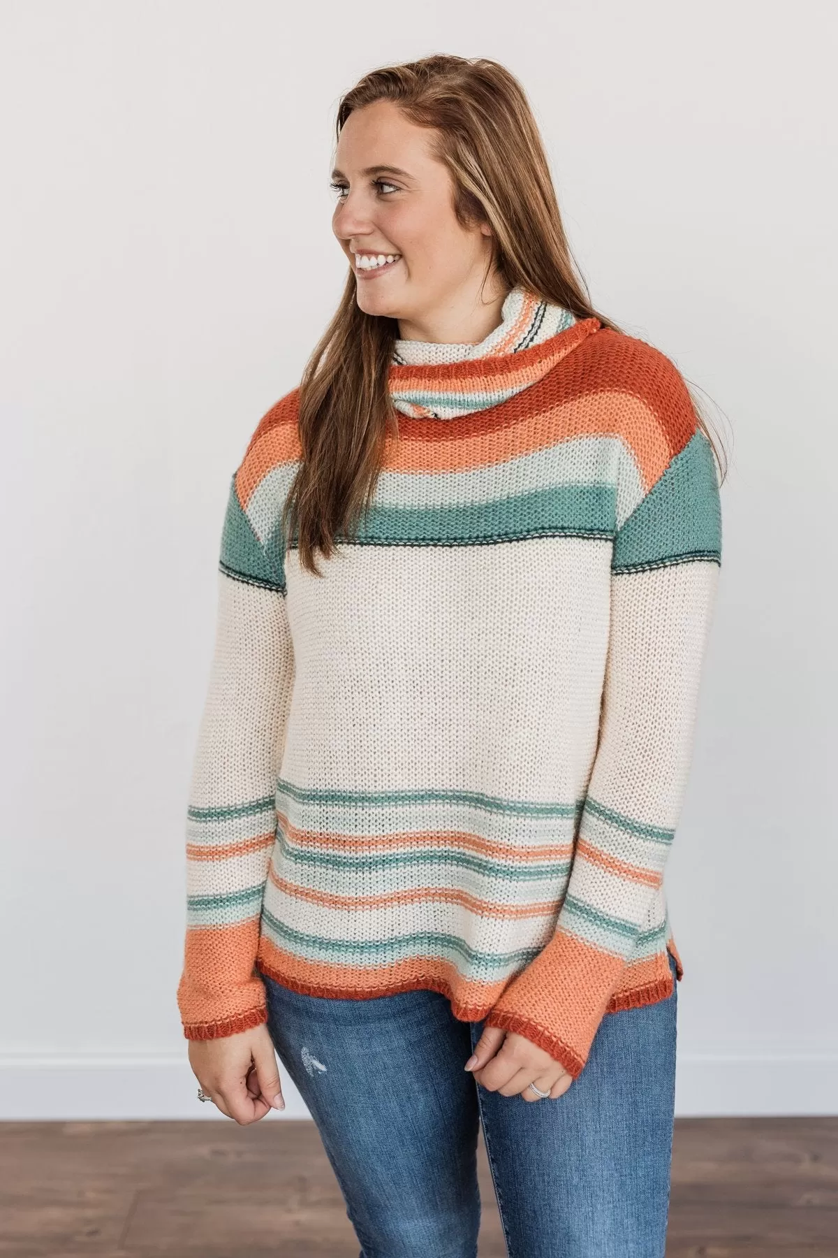 Harvest Happiness Cowl Neck Sweater- Cream, Rust & Dusty Teal