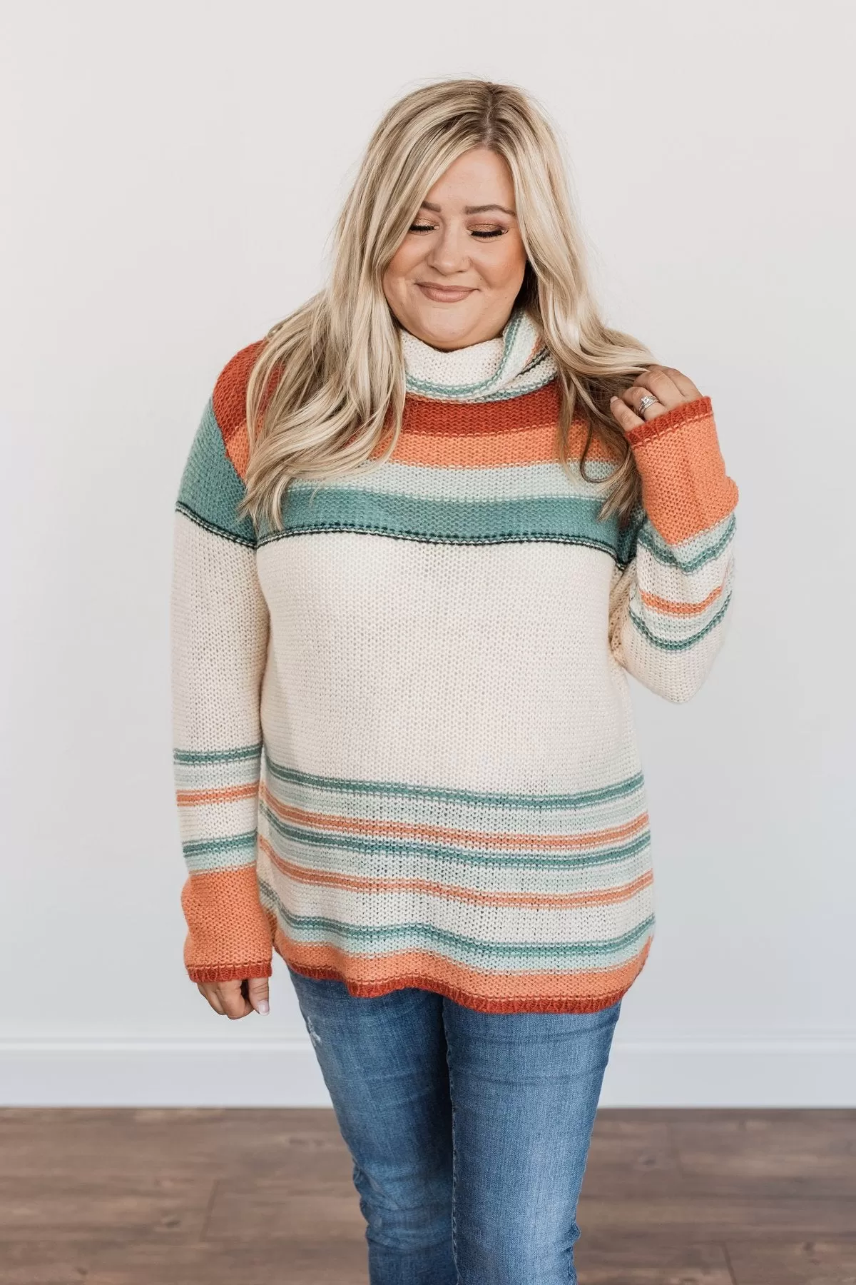 Harvest Happiness Cowl Neck Sweater- Cream, Rust & Dusty Teal