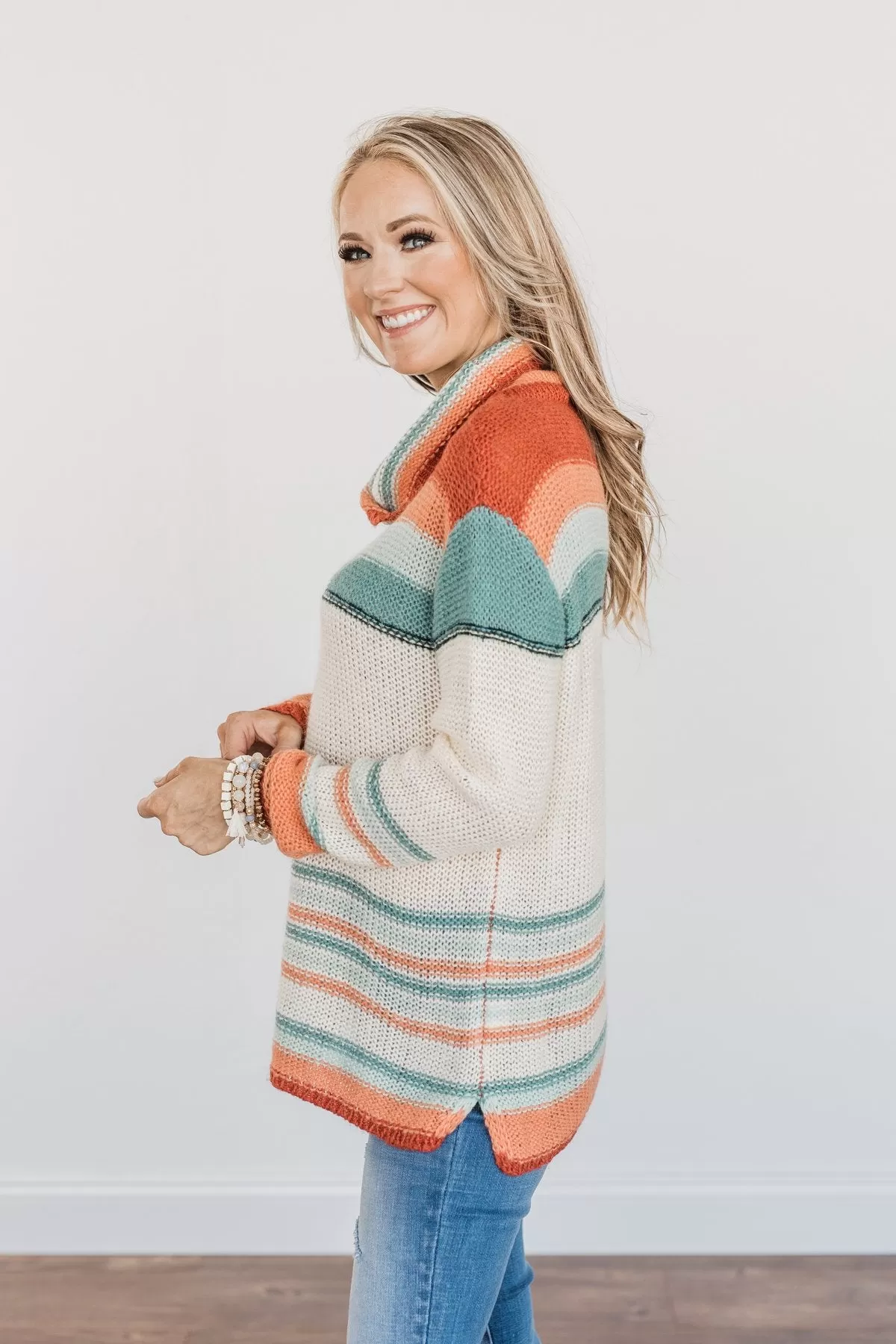 Harvest Happiness Cowl Neck Sweater- Cream, Rust & Dusty Teal