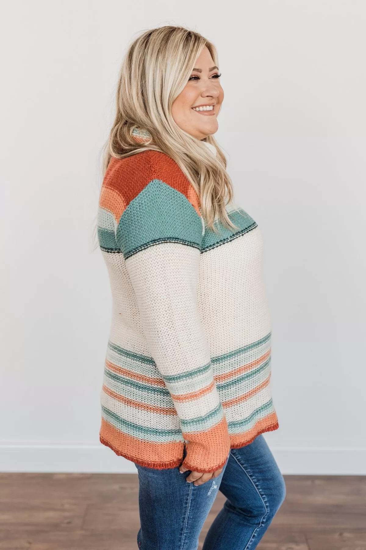 Harvest Happiness Cowl Neck Sweater- Cream, Rust & Dusty Teal