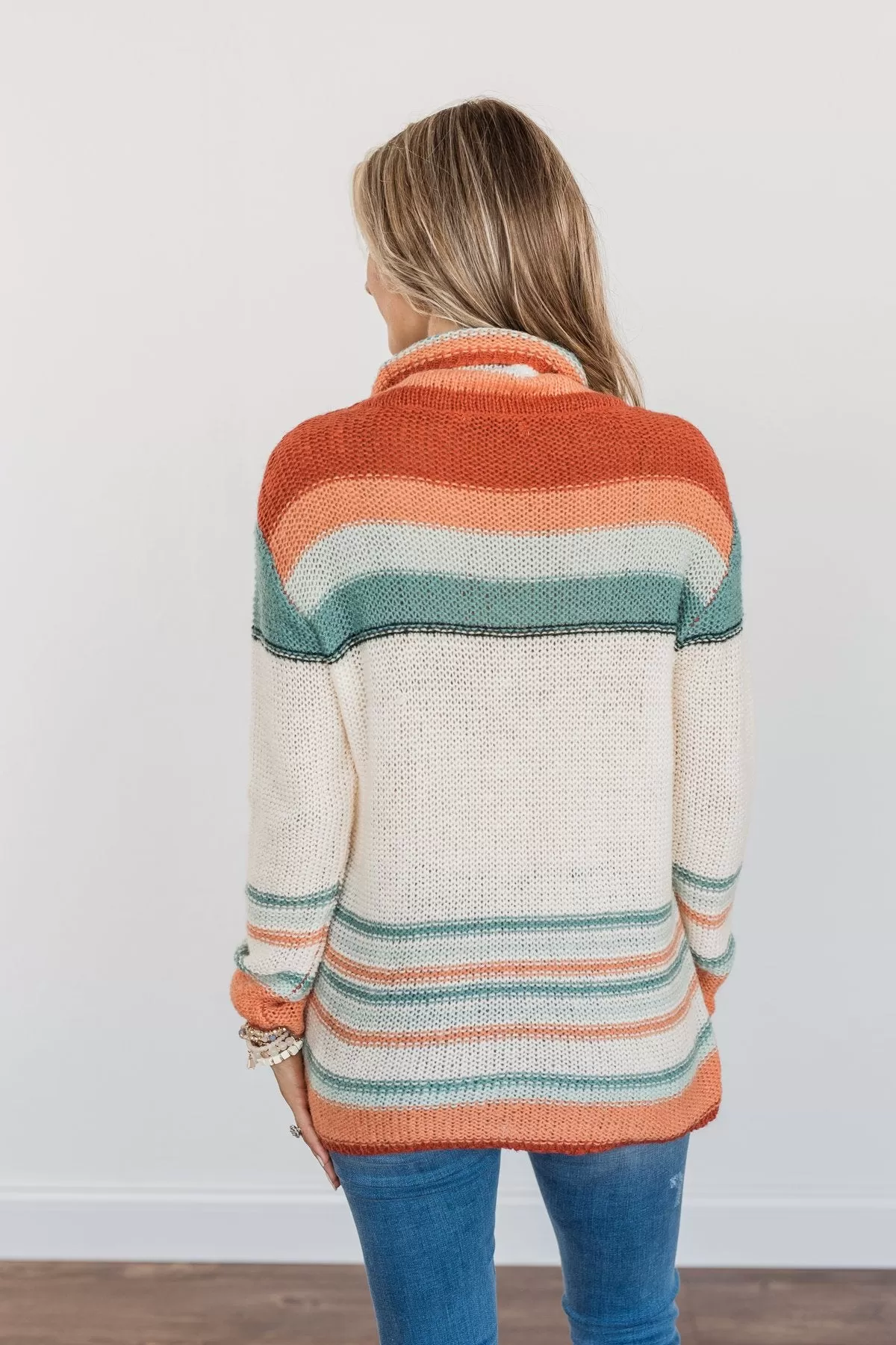 Harvest Happiness Cowl Neck Sweater- Cream, Rust & Dusty Teal