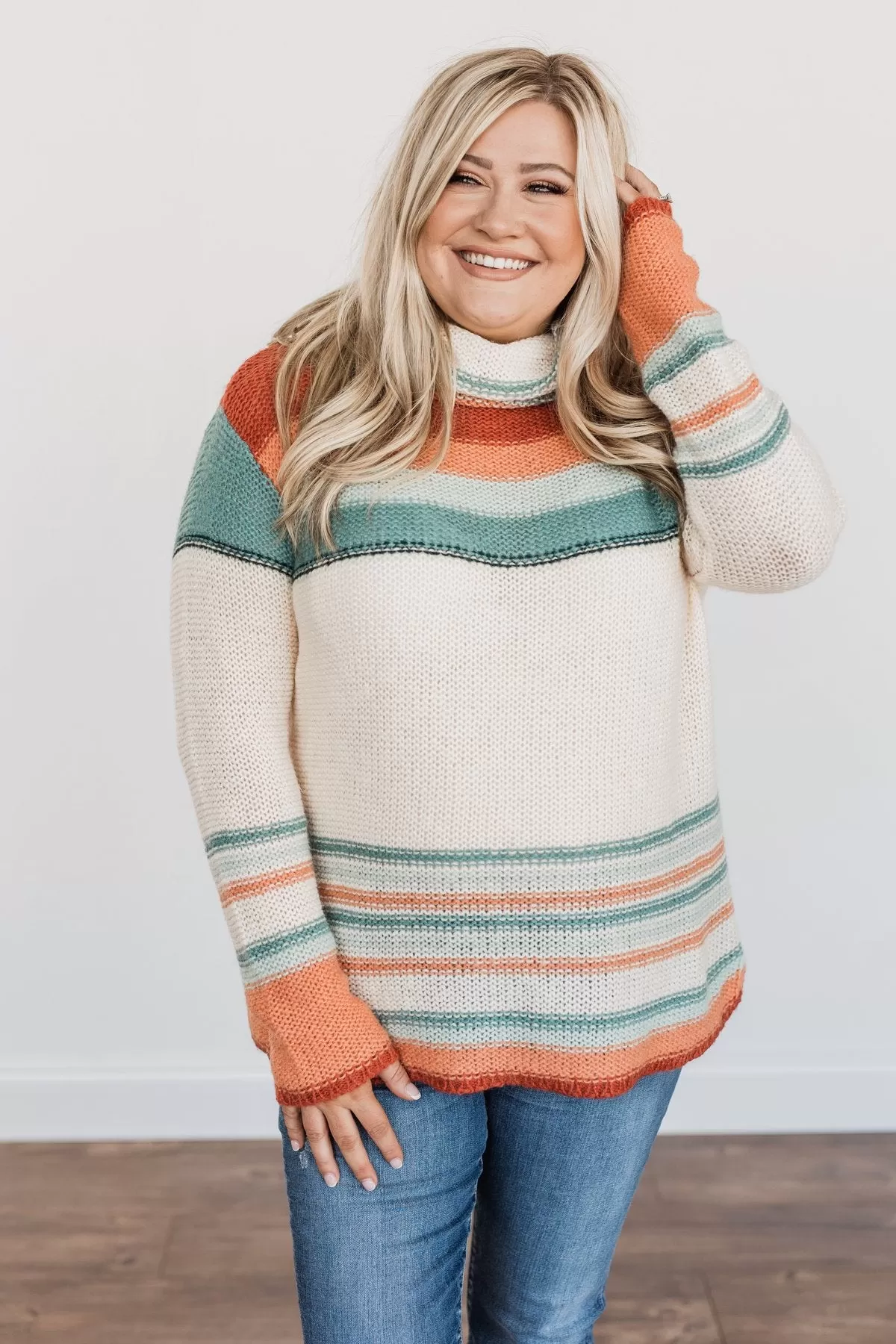 Harvest Happiness Cowl Neck Sweater- Cream, Rust & Dusty Teal