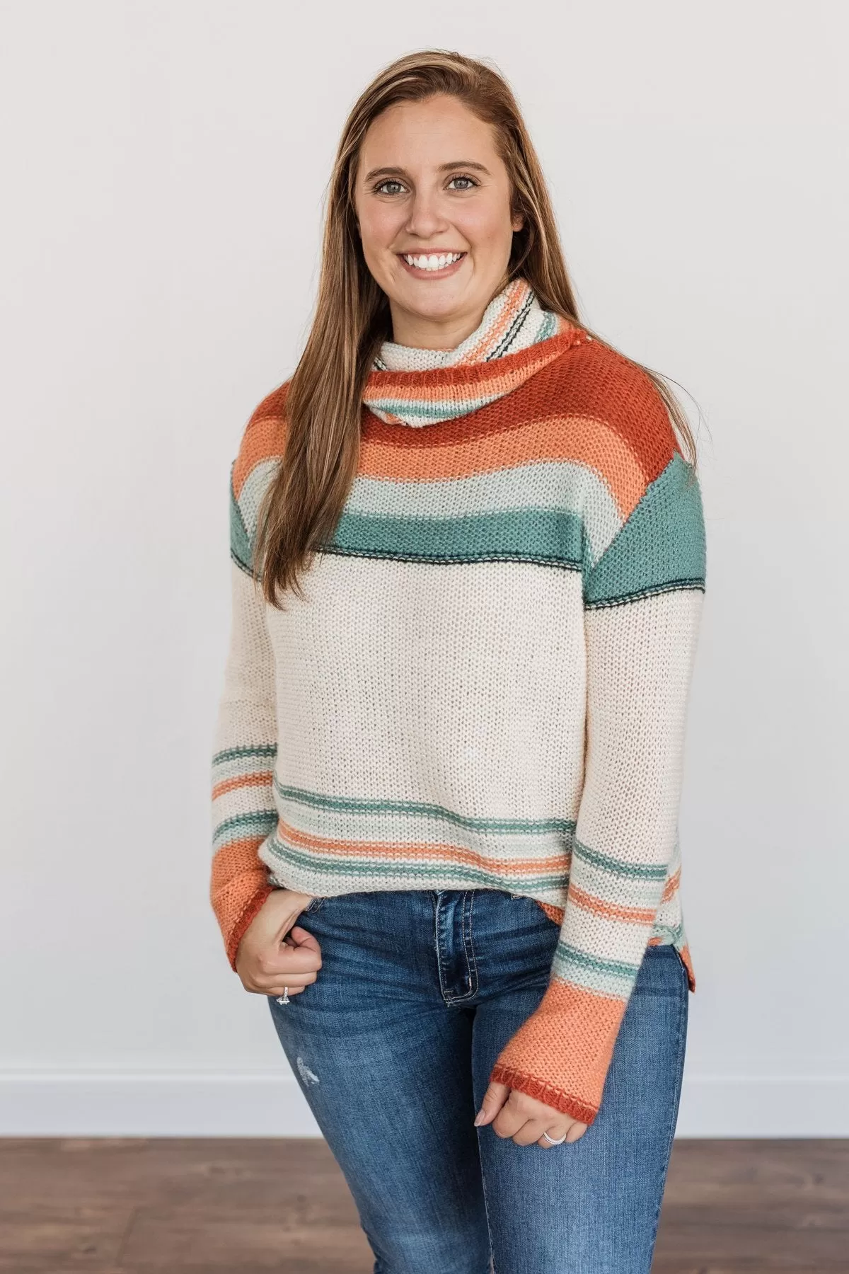 Harvest Happiness Cowl Neck Sweater- Cream, Rust & Dusty Teal