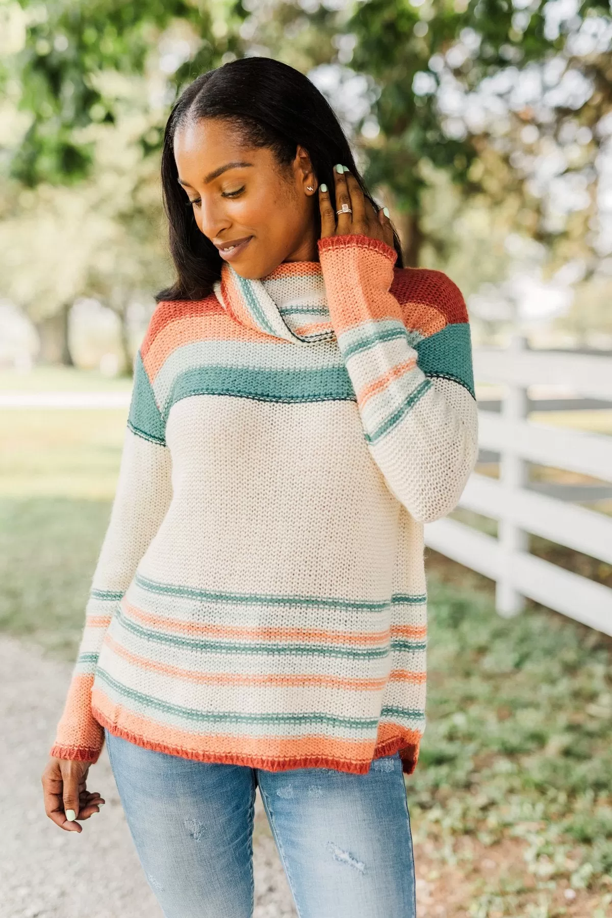 Harvest Happiness Cowl Neck Sweater- Cream, Rust & Dusty Teal