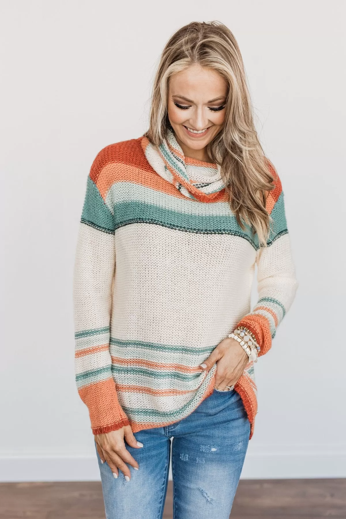 Harvest Happiness Cowl Neck Sweater- Cream, Rust & Dusty Teal