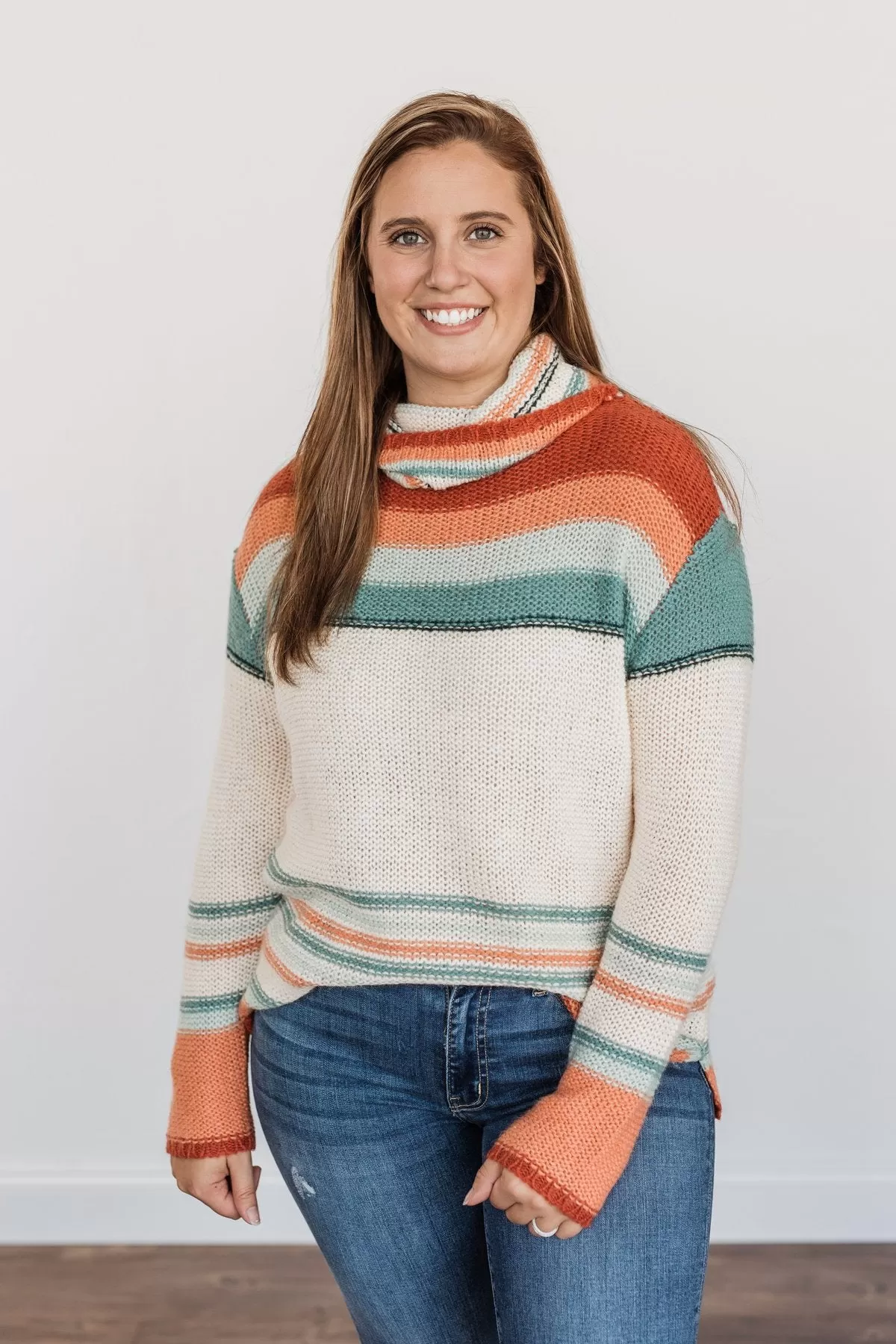 Harvest Happiness Cowl Neck Sweater- Cream, Rust & Dusty Teal