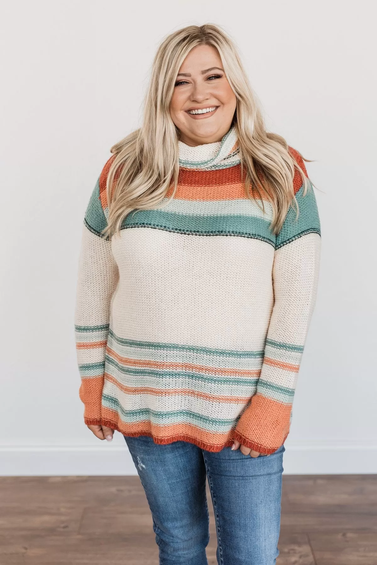 Harvest Happiness Cowl Neck Sweater- Cream, Rust & Dusty Teal