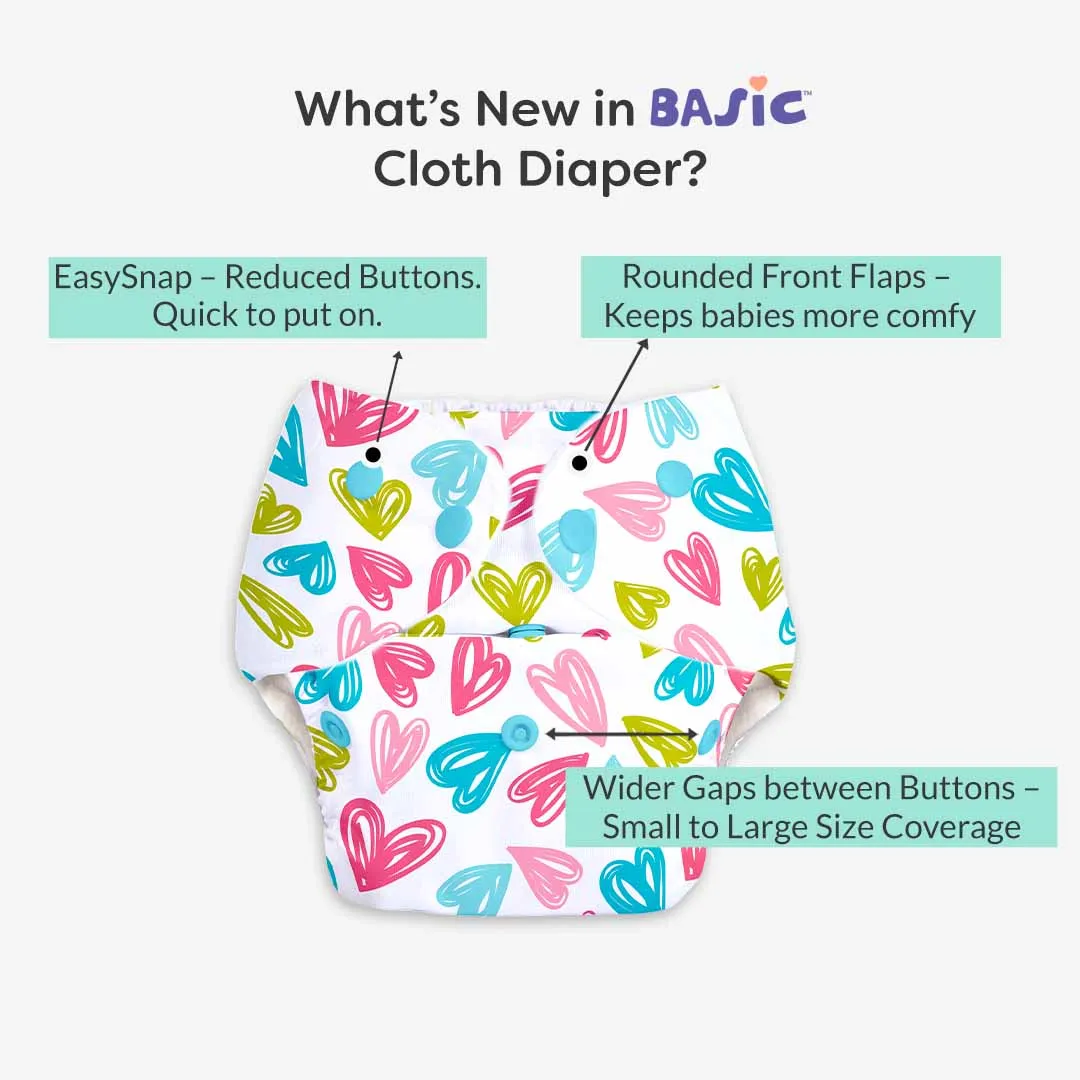 Hearts - BASIC Cloth Diaper, New & Improved with EasySnap & Quick Dry UltraThin Pad