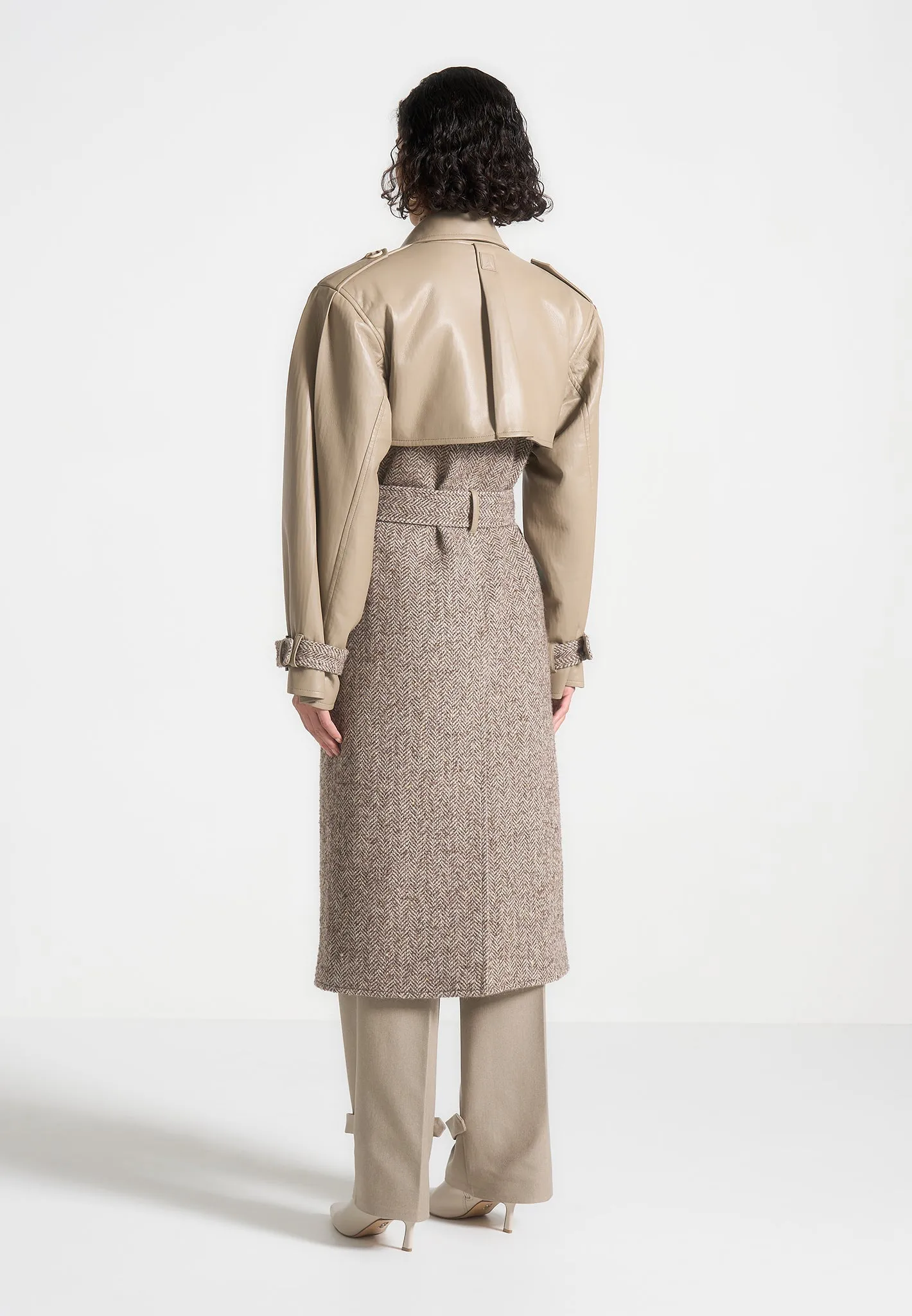 Herringbone Wool & Leather Trench Coat - Taupe