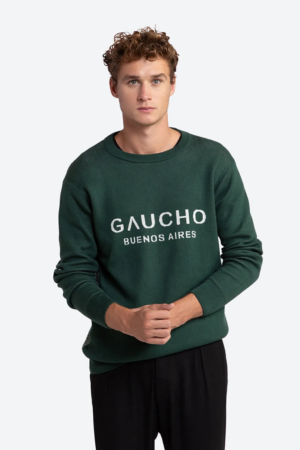 Ivo Cotton Knit Logo Back Sweater in Green and Off-White