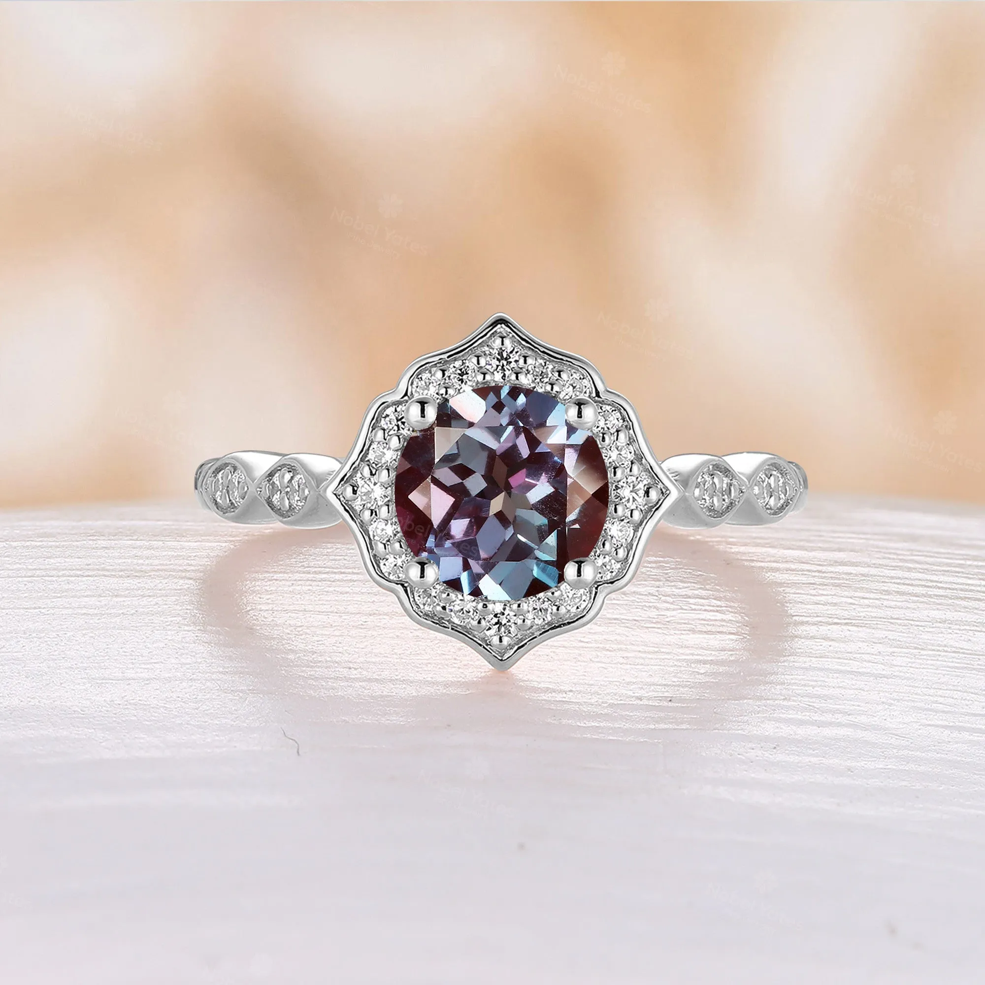 Lab Alexandrite Round Cut Engagement Ring Vintage Halo Rose Gold Half Eternity