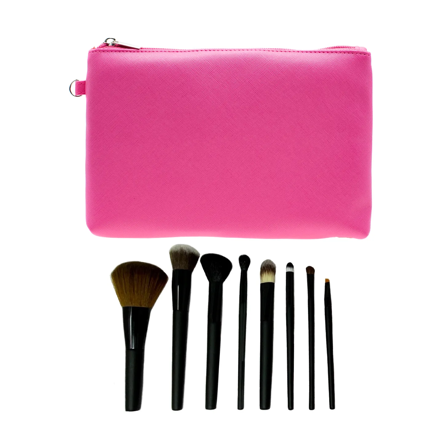 Large Pink Makeup Bag with 8 Piece full Size Cosmetic Brush Set in Matte Black Finish