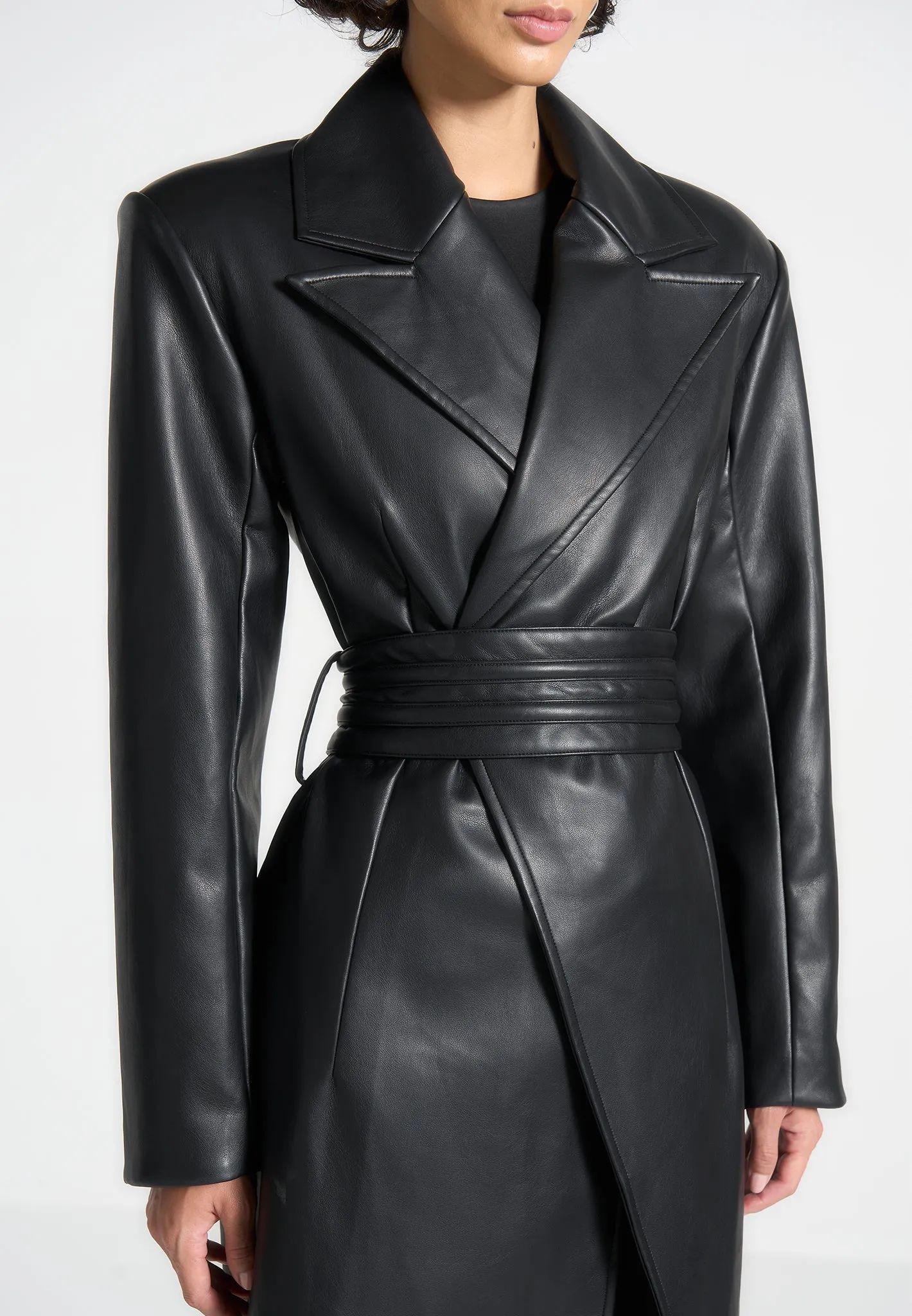 Leather Asymmetric Belted Coat - Black