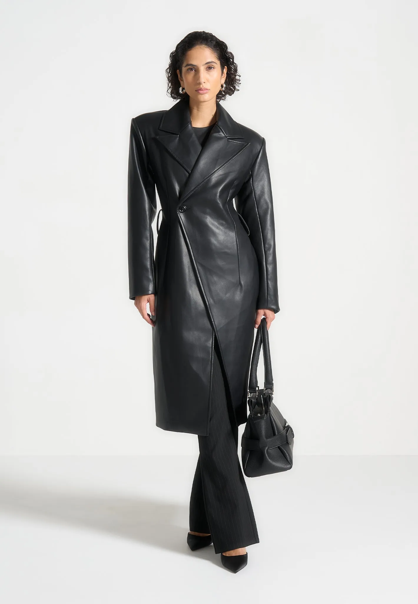 Leather Asymmetric Belted Coat - Black