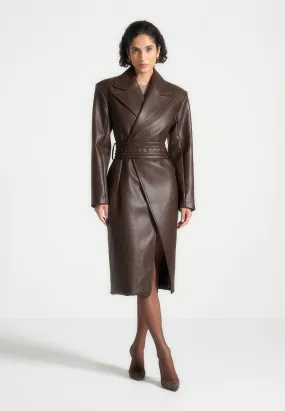 Leather Asymmetric Belted Coat - Brown