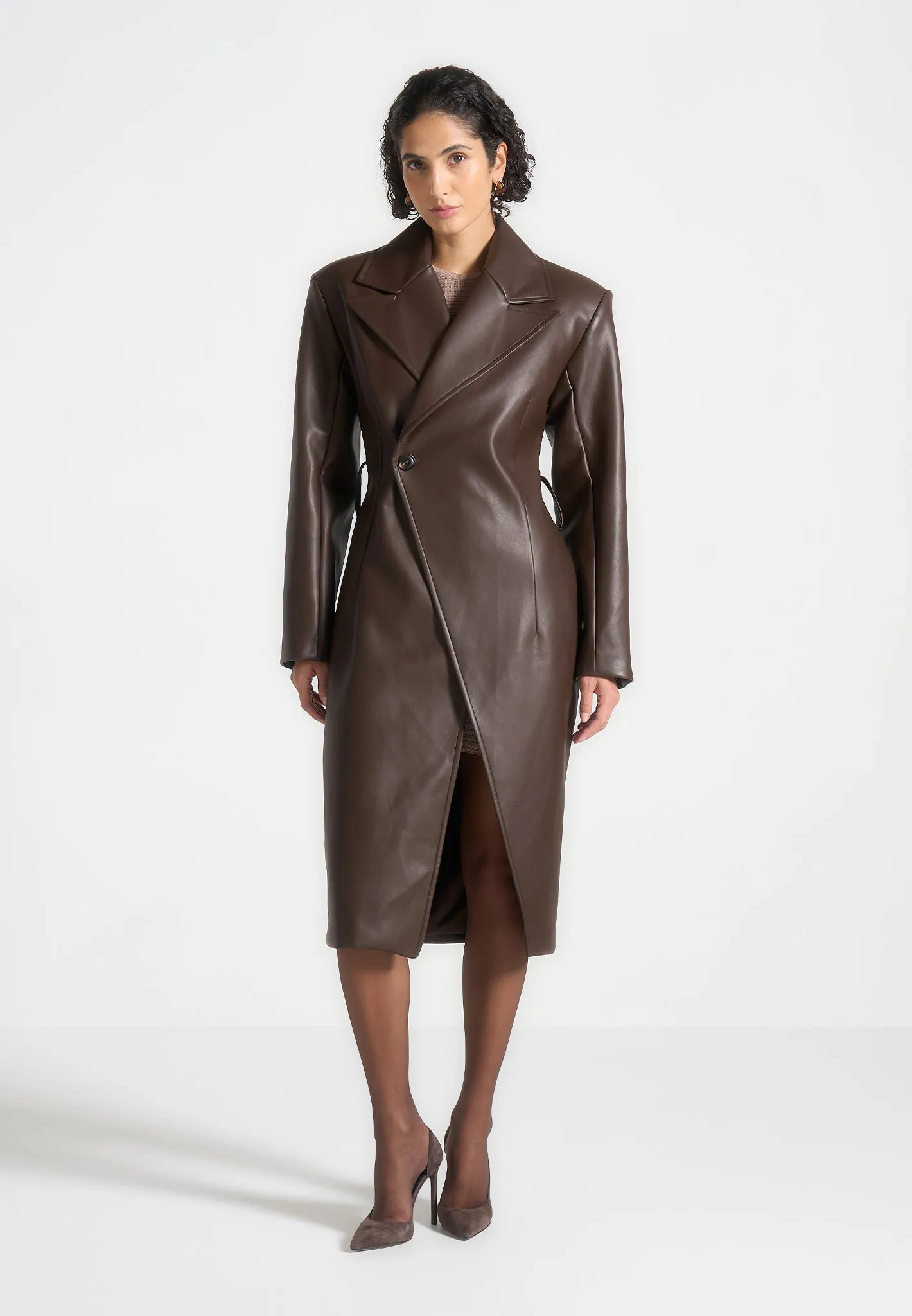 Leather Asymmetric Belted Coat - Brown