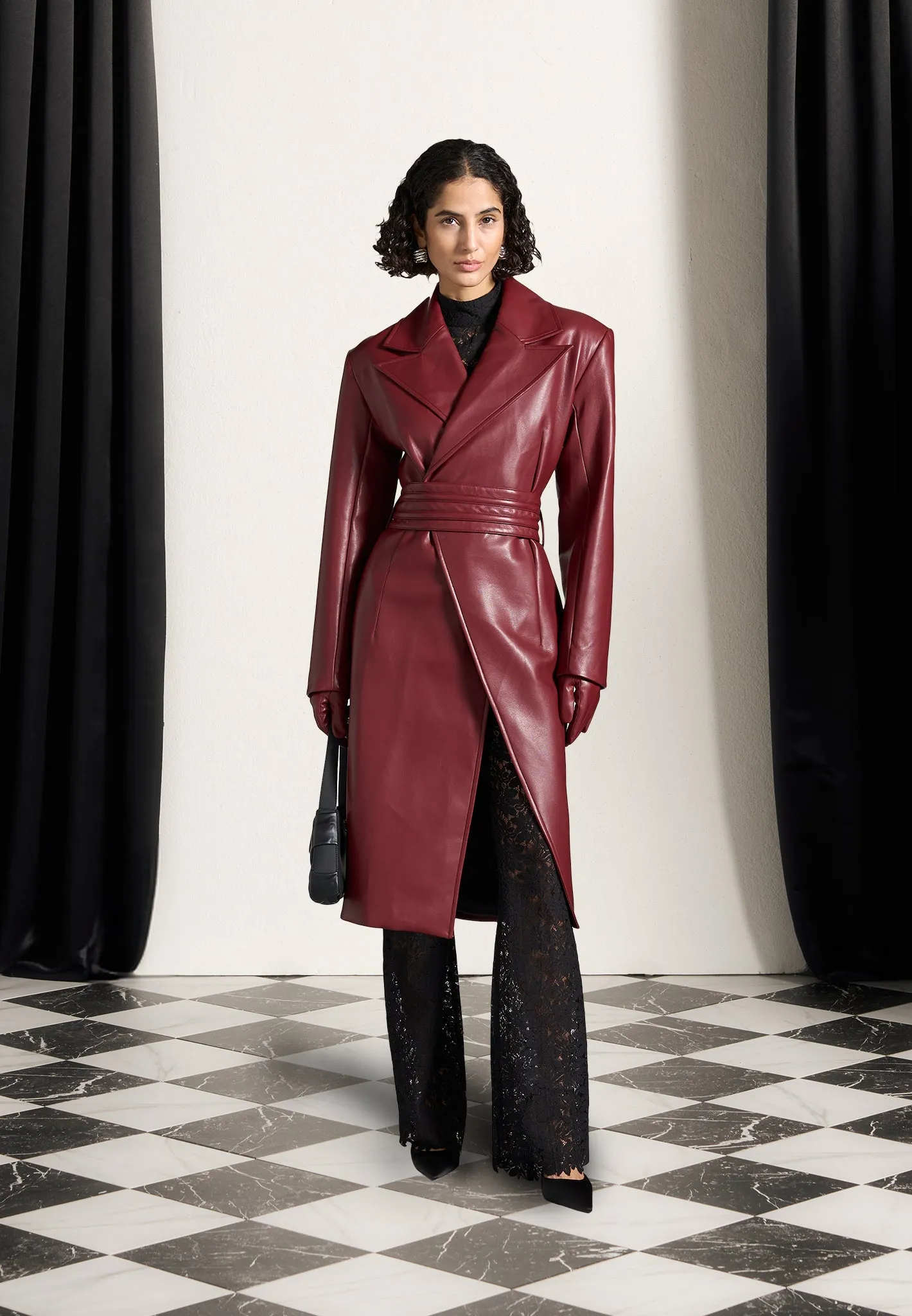 Leather Asymmetric Belted Coat - Wine Red