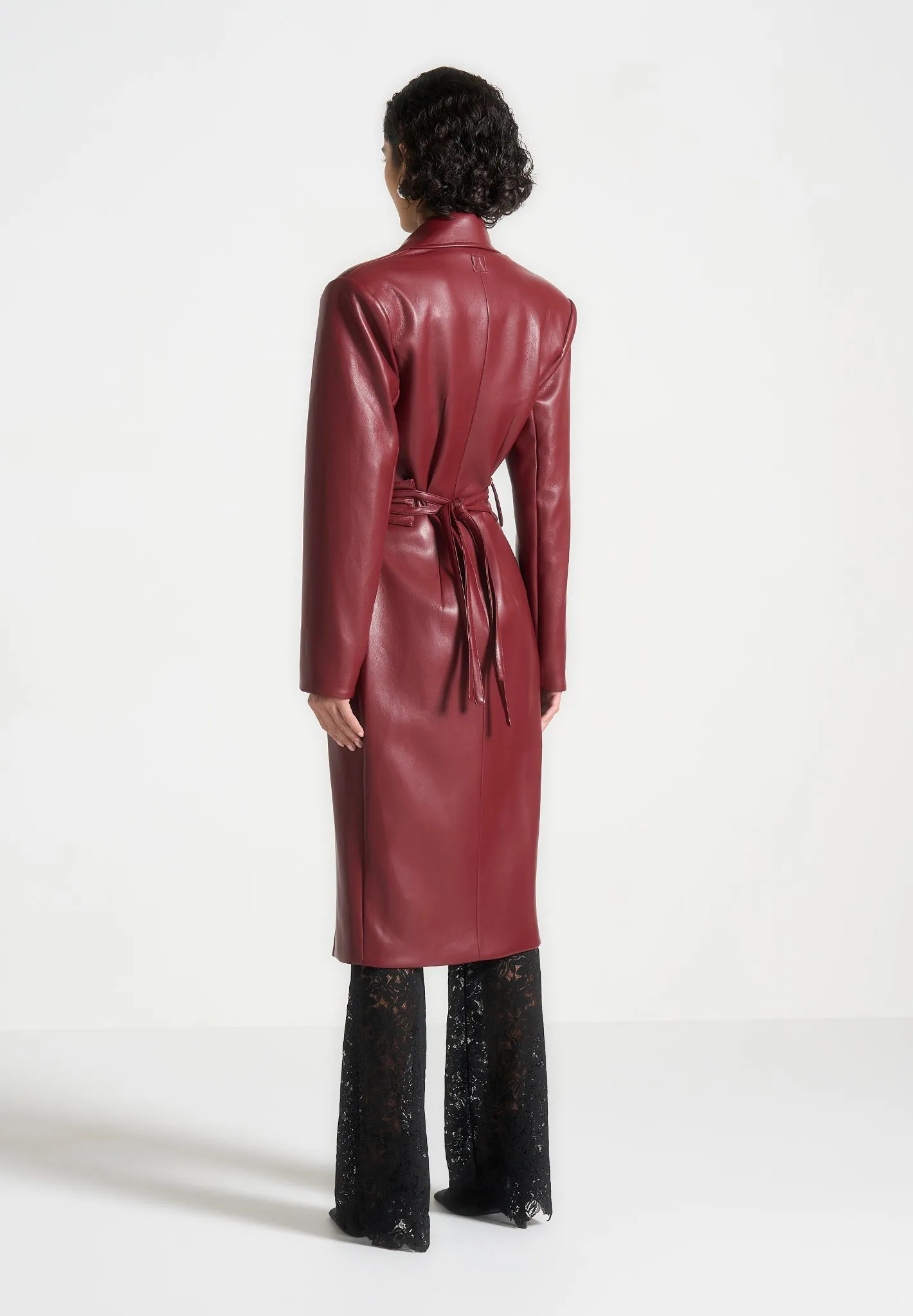 Leather Asymmetric Belted Coat - Wine Red