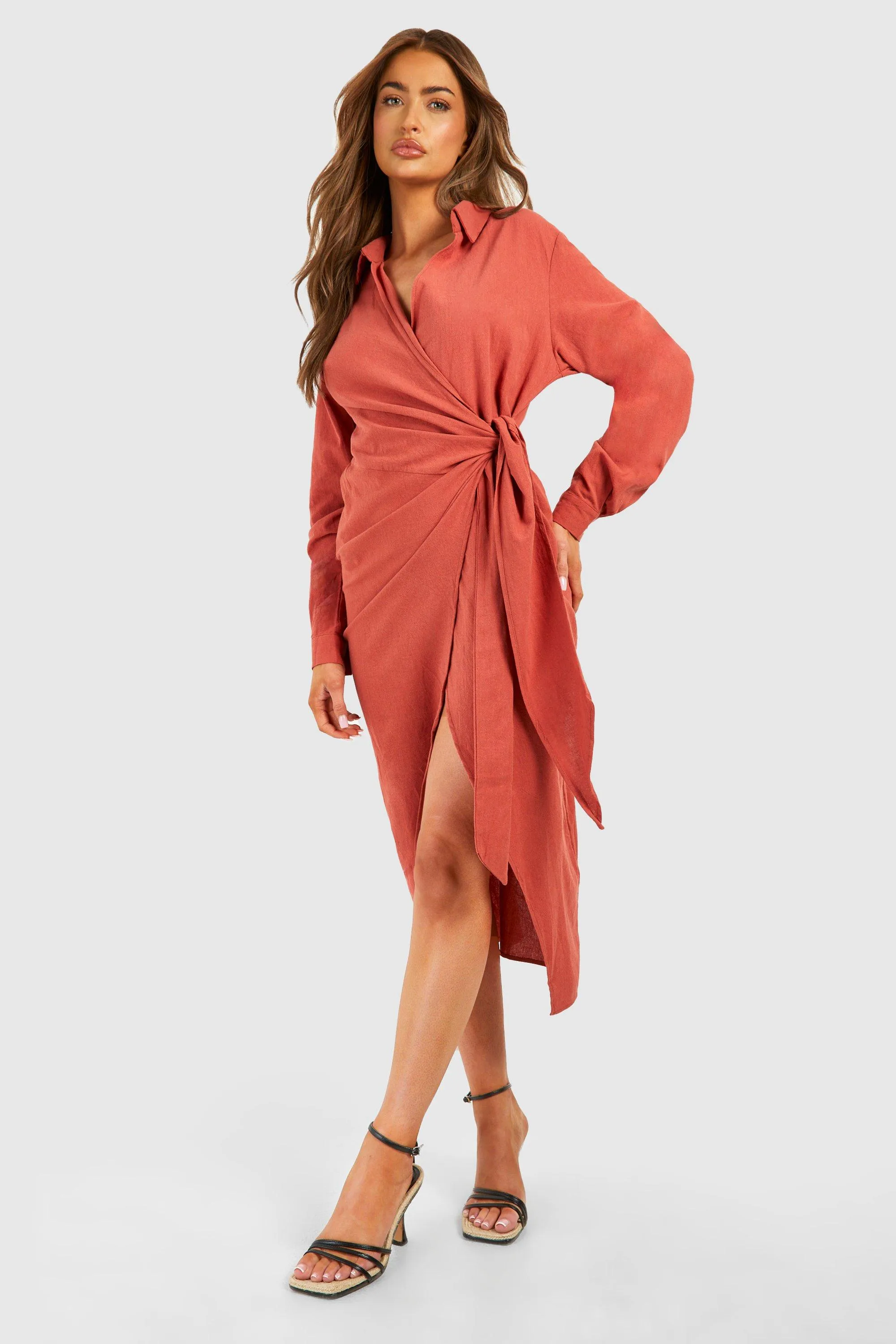 Linen Wrap Midi Shirt Dress