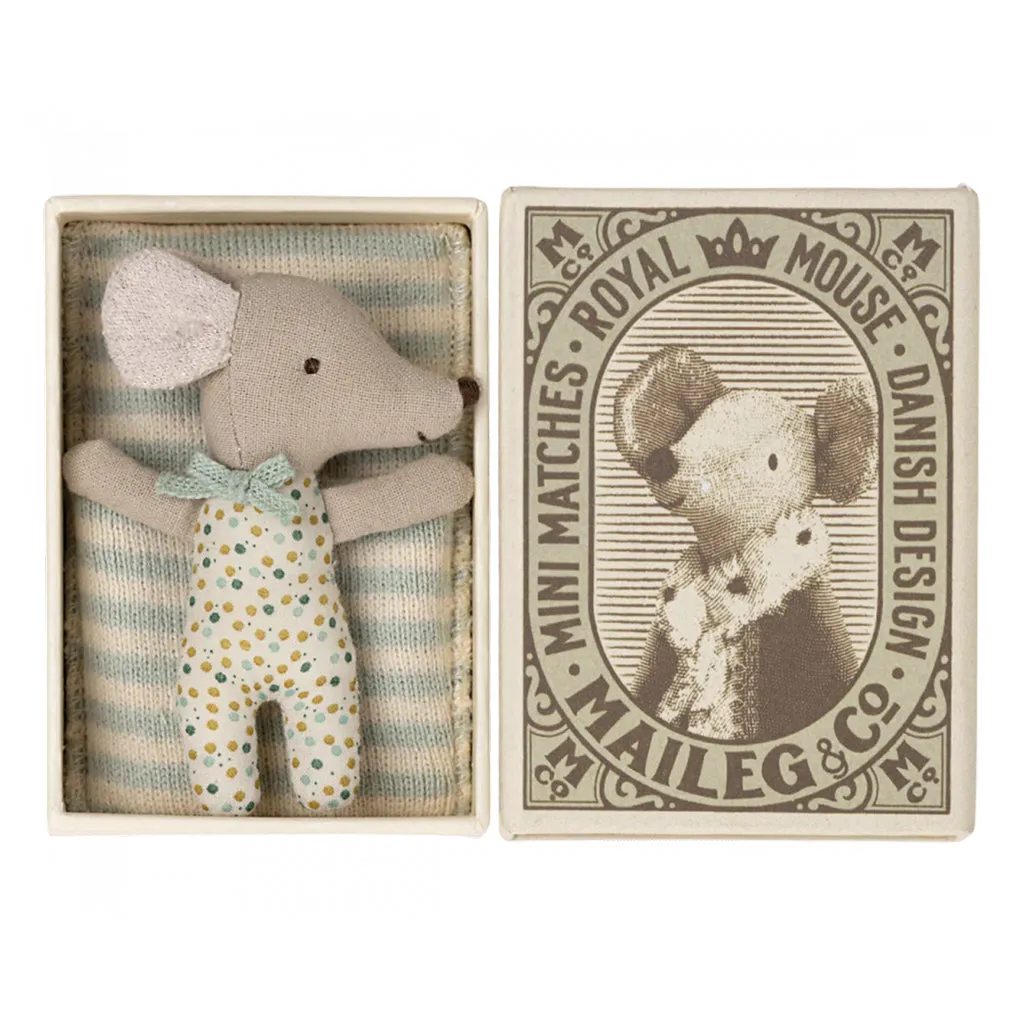 Maileg Toys Sleepy Wakey Baby Mouse In Matchbox Blue