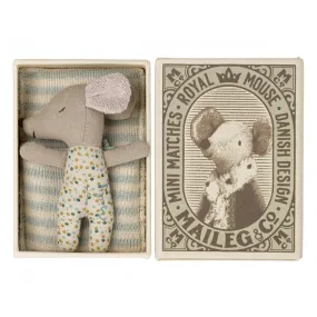 Maileg Toys Sleepy Wakey Baby Mouse In Matchbox Blue