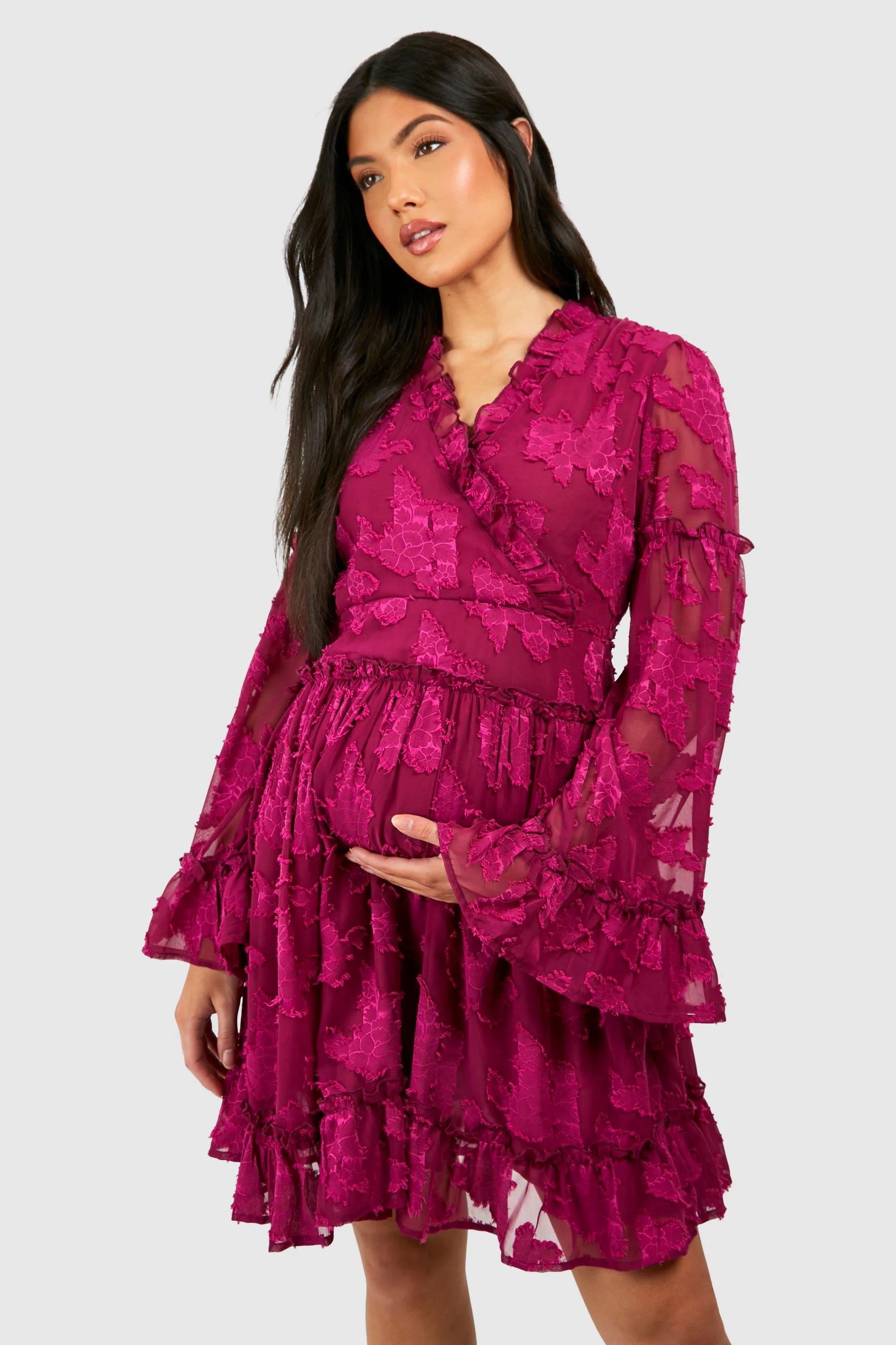 Maternity Floral Jacquard Wrap Smock Mini Dress