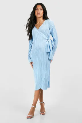 Maternity Plisse Wrap Belted Midi Dress