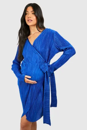 Maternity Plisse Wrap Belted Mini Dress