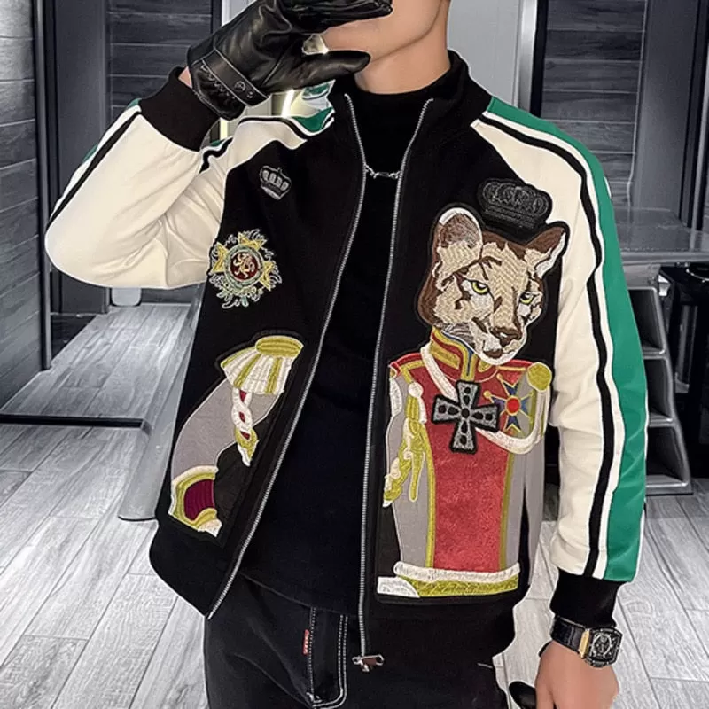 Men's Contrasting Color Embroidery Dog Head Pattern Rib Sleeve Jackets