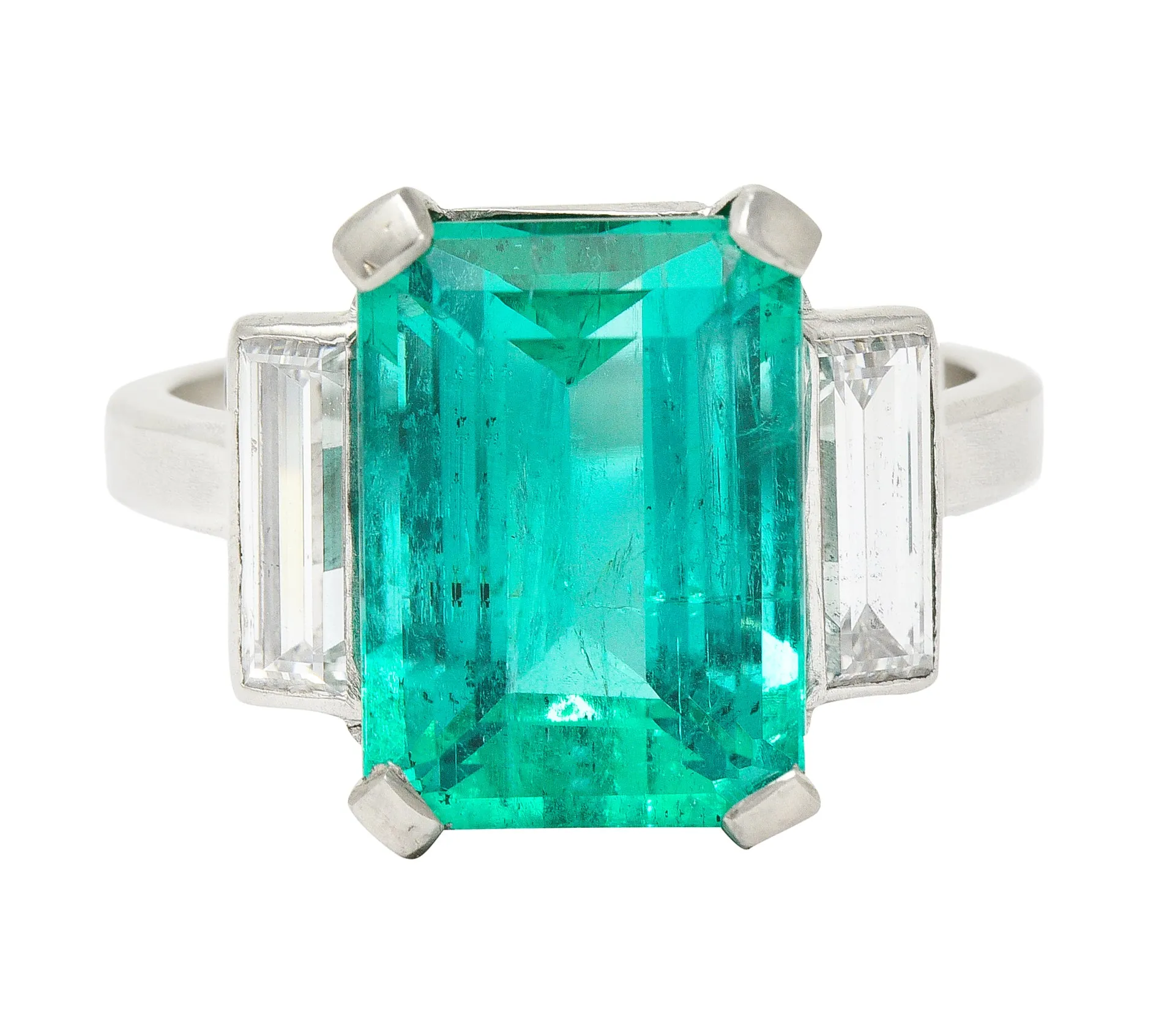 Mid-Century Modernist 6.88 CTW Columbian Emerald Baguette Cut Diamond Platinum Vintage Gemstone Ring GIA