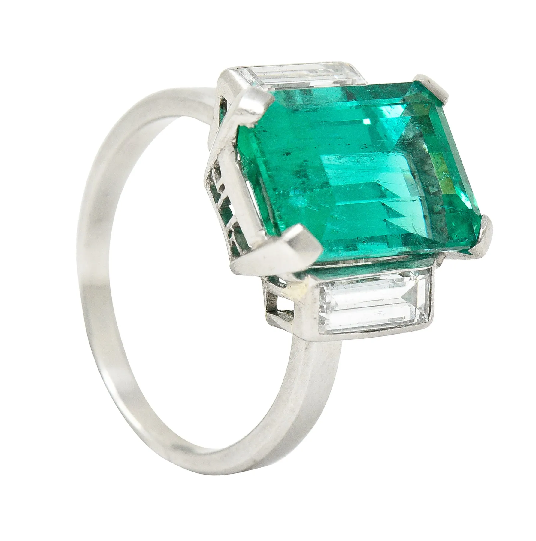 Mid-Century Modernist 6.88 CTW Columbian Emerald Baguette Cut Diamond Platinum Vintage Gemstone Ring GIA