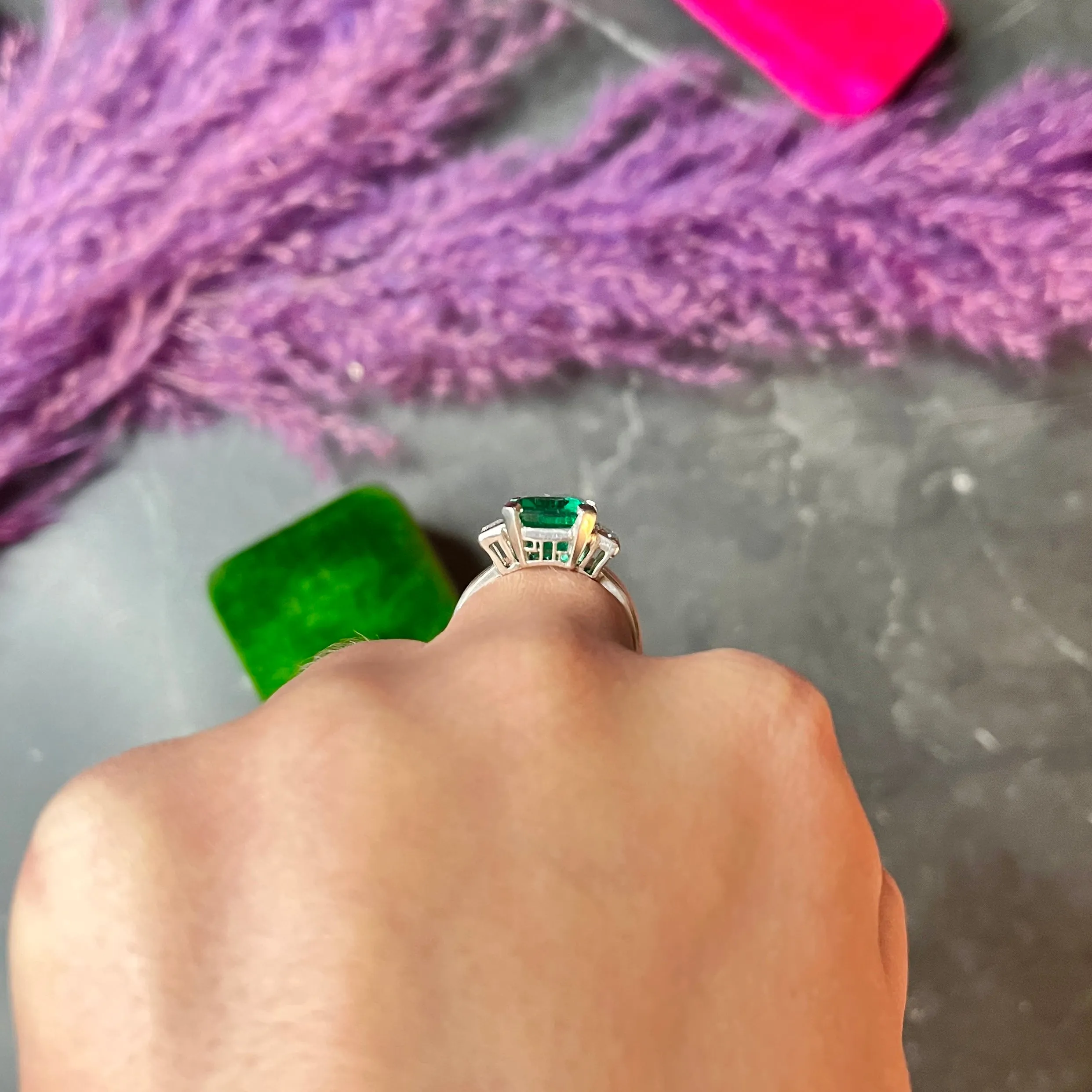 Mid-Century Modernist 6.88 CTW Columbian Emerald Baguette Cut Diamond Platinum Vintage Gemstone Ring GIA