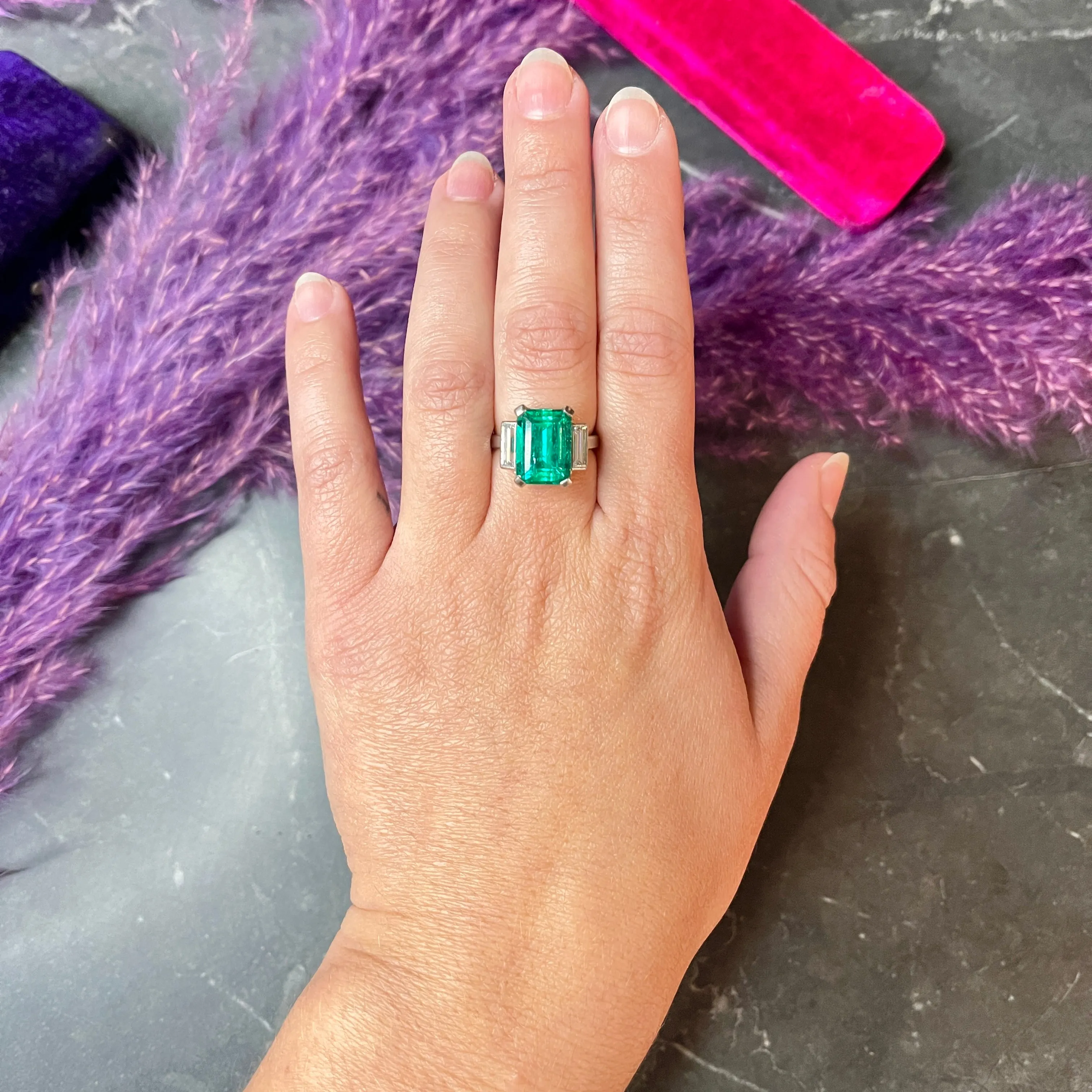 Mid-Century Modernist 6.88 CTW Columbian Emerald Baguette Cut Diamond Platinum Vintage Gemstone Ring GIA