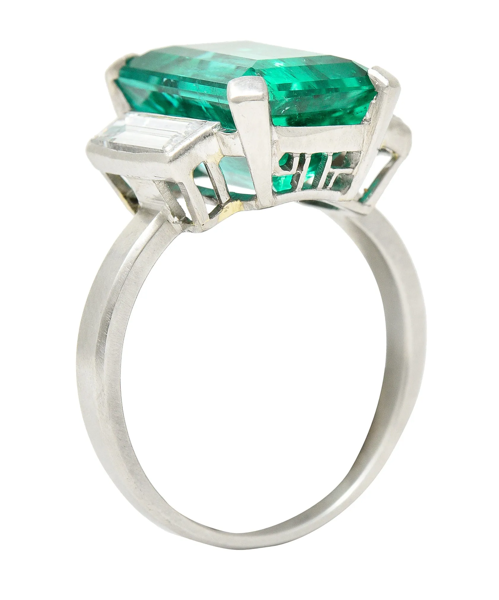 Mid-Century Modernist 6.88 CTW Columbian Emerald Baguette Cut Diamond Platinum Vintage Gemstone Ring GIA