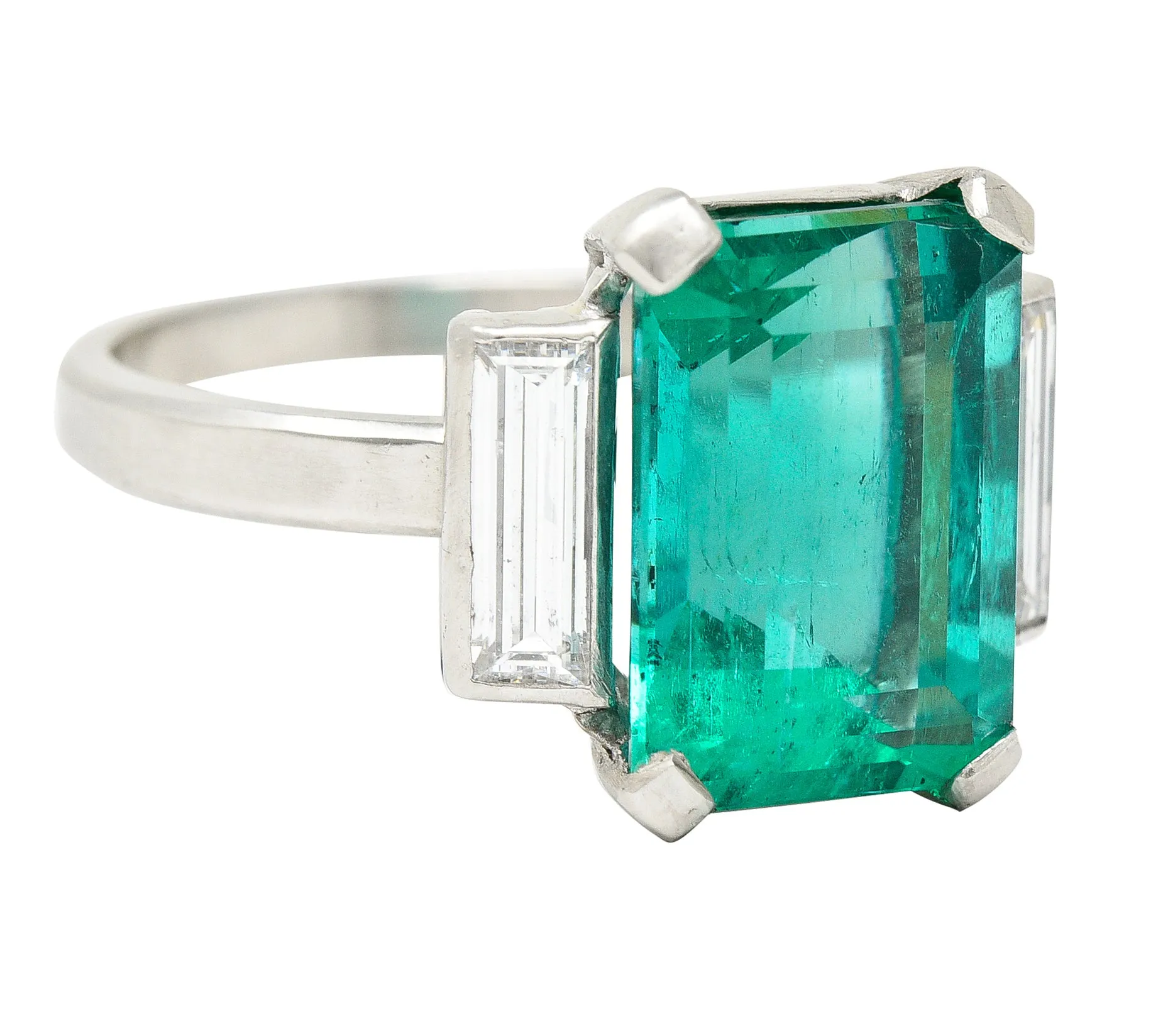 Mid-Century Modernist 6.88 CTW Columbian Emerald Baguette Cut Diamond Platinum Vintage Gemstone Ring GIA