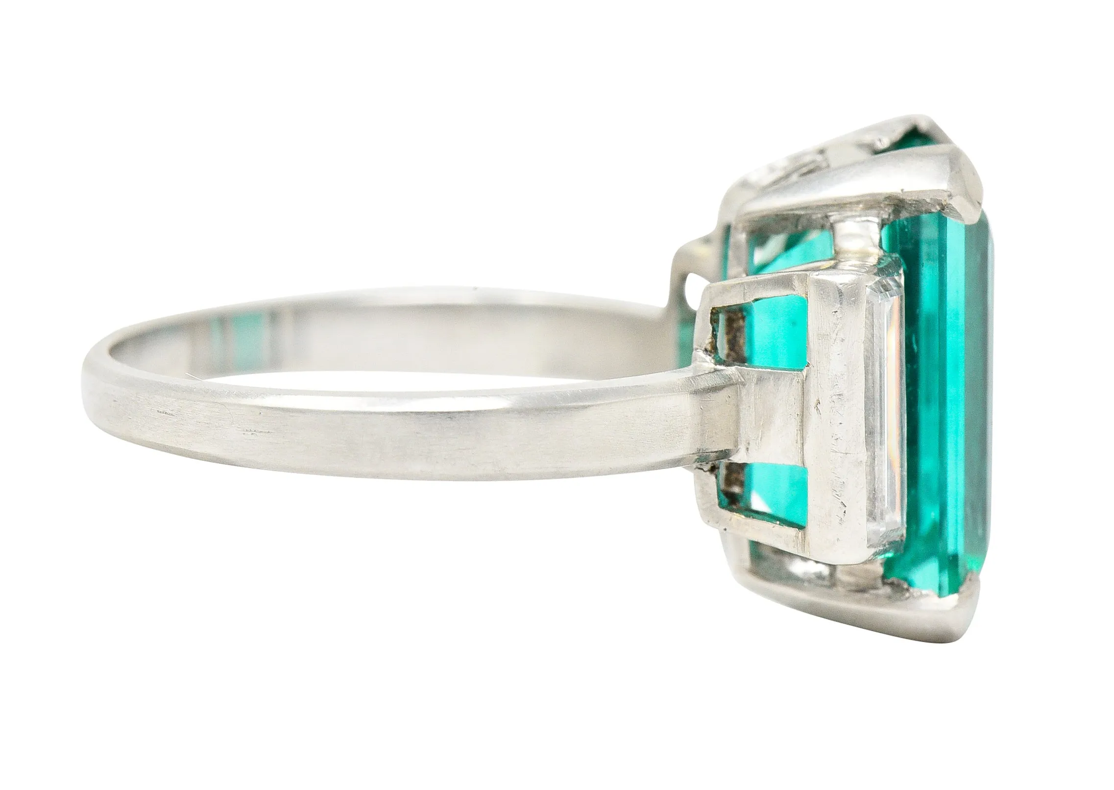 Mid-Century Modernist 6.88 CTW Columbian Emerald Baguette Cut Diamond Platinum Vintage Gemstone Ring GIA