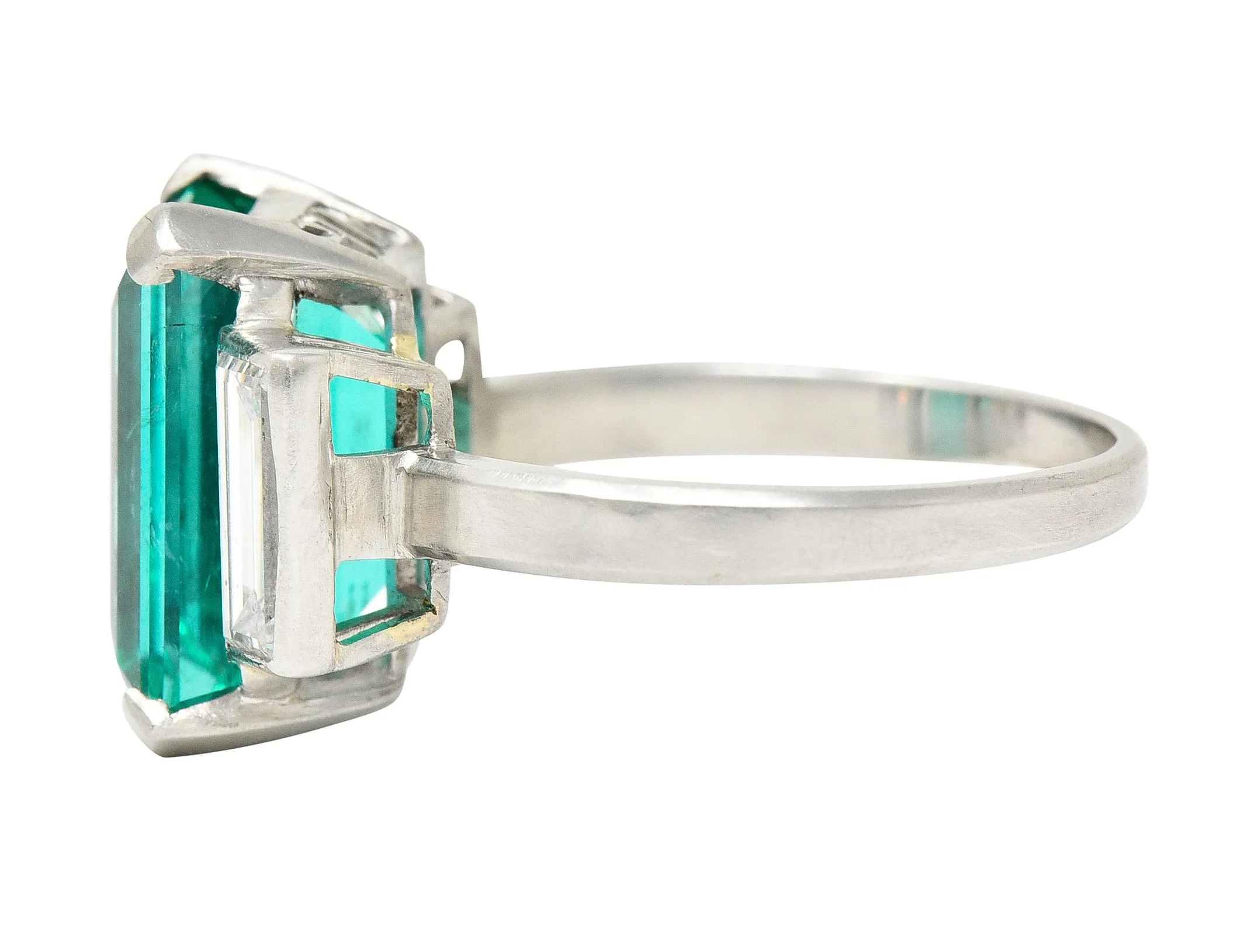 Mid-Century Modernist 6.88 CTW Columbian Emerald Baguette Cut Diamond Platinum Vintage Gemstone Ring GIA