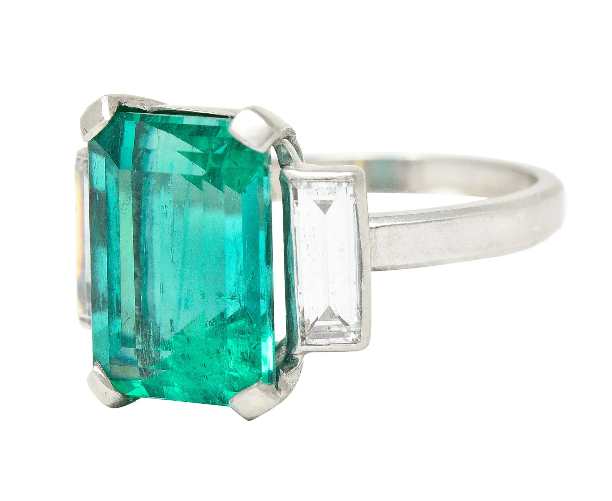 Mid-Century Modernist 6.88 CTW Columbian Emerald Baguette Cut Diamond Platinum Vintage Gemstone Ring GIA