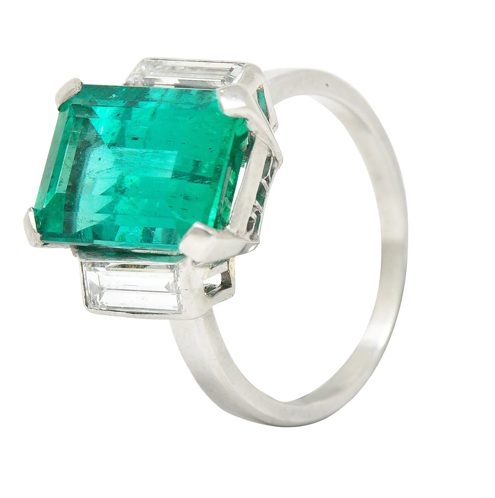 Mid-Century Modernist 6.88 CTW Columbian Emerald Baguette Cut Diamond Platinum Vintage Gemstone Ring GIA