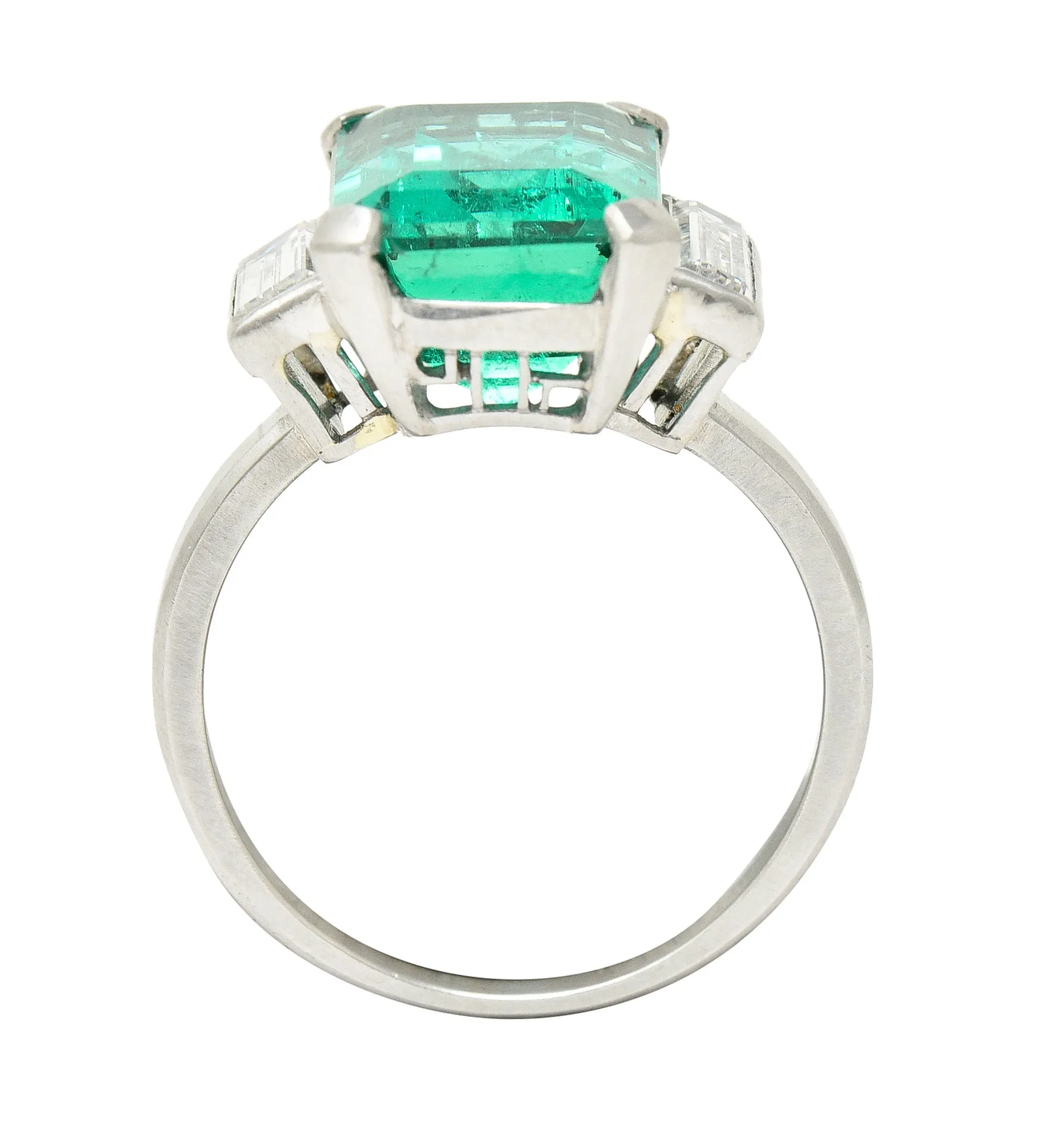 Mid-Century Modernist 6.88 CTW Columbian Emerald Baguette Cut Diamond Platinum Vintage Gemstone Ring GIA