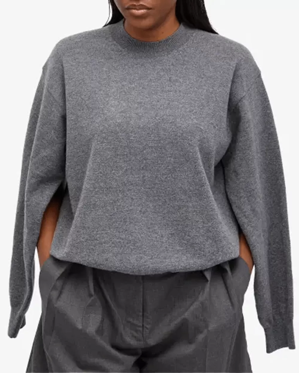 Mid Grey Melange Crew Neck Sweater with Open Armhole