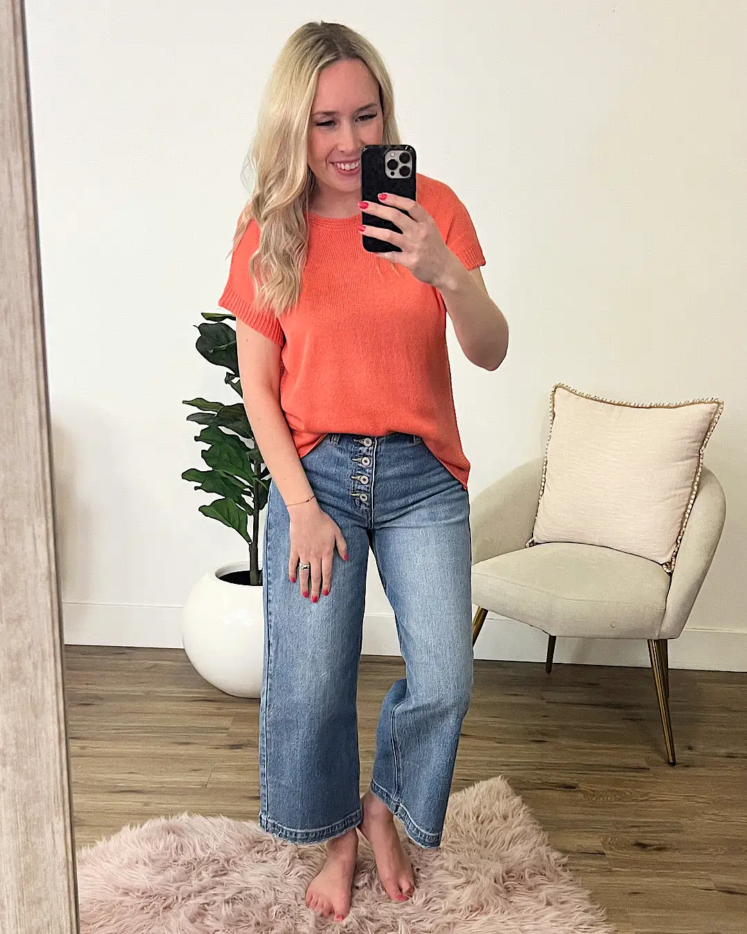 Olivia Fine Knit Short Sleeve Sweater - Coral