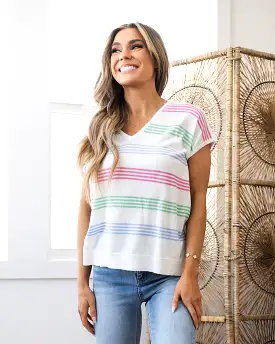 Paige Striped V Neck Short Sleeve Sweater - Pink, Sage and Blue