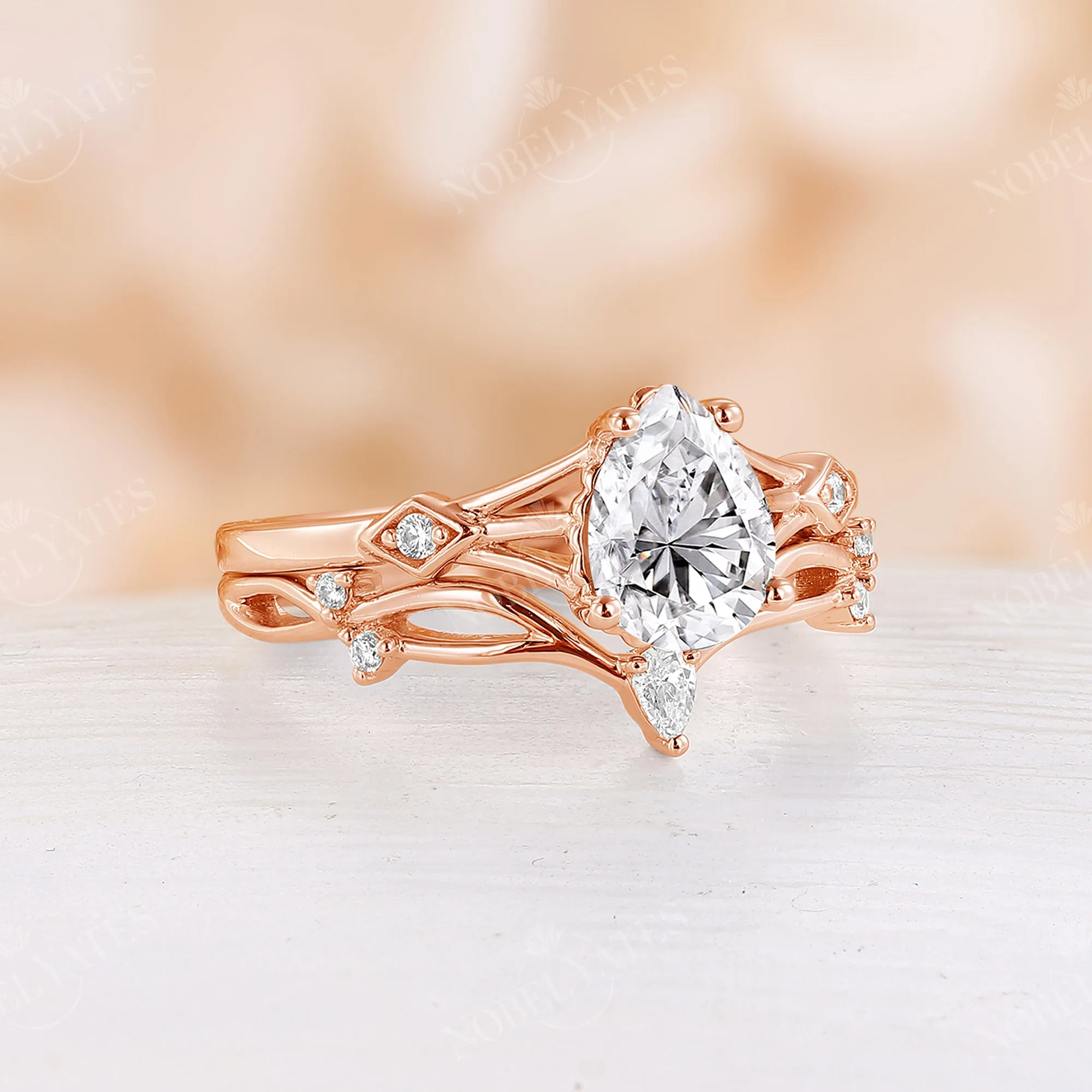 Pear Moissanite Vintage Engagement Ring Set Split Band Rose Gold