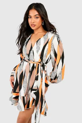 Petite Abstract Print Ruffle Woven Wrap Dress